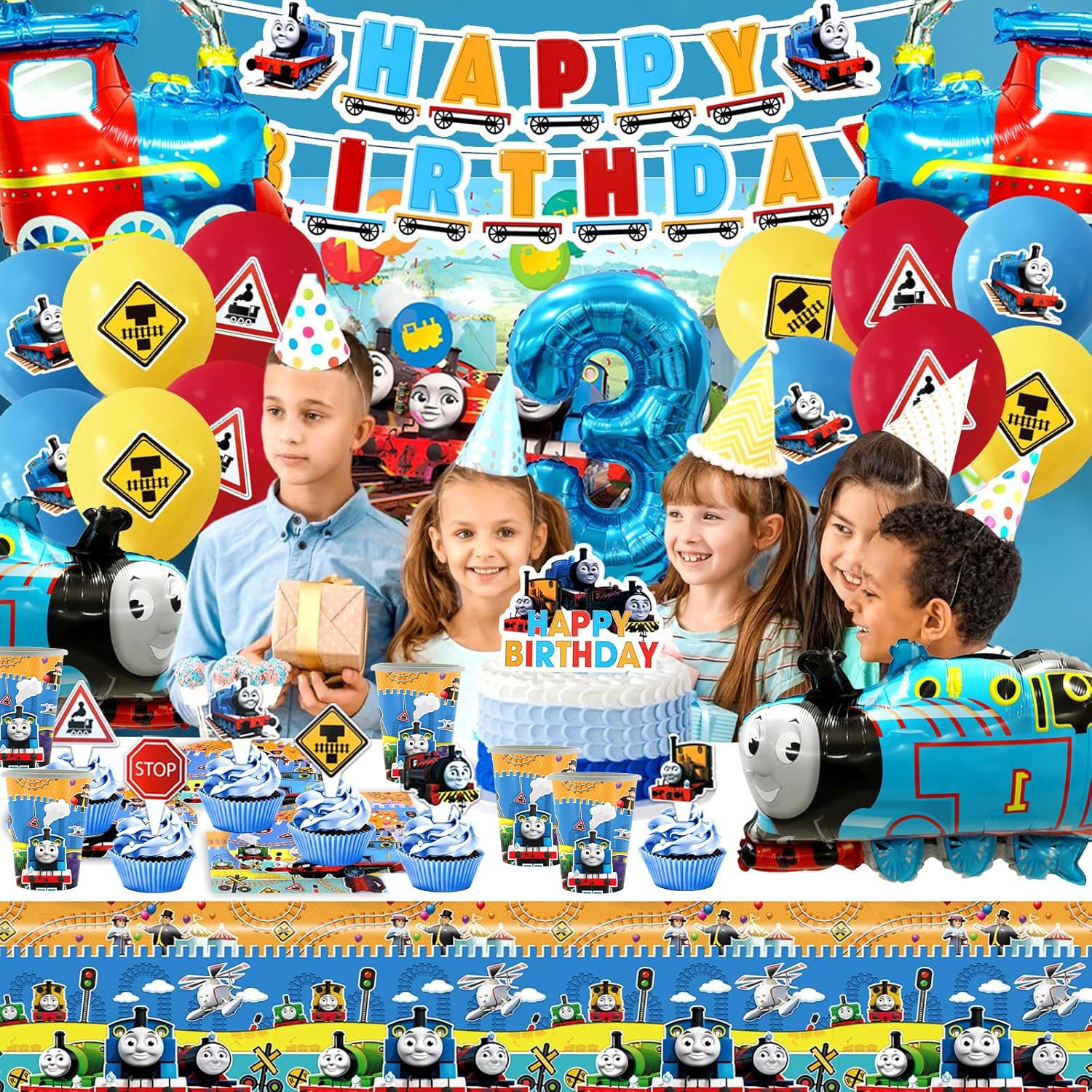 Set di 61 stoviglie Thomas per feste di compleanno per bambini, compresi piatti di carta, bicchieri, tovaglioli e tovaglie, adatte per 20 compleanni per bambini