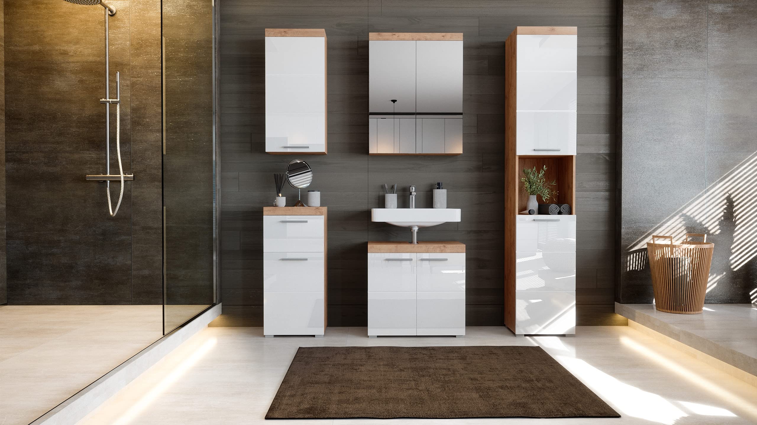Newroom Kommode Badezimmer Unterschrank Wildeiche Weiß Hochglanz Stauraum | 2 Schubladen und Tür, Bügelgriff, schmaler Schrank, weiße Kommode mit Schubladen, für kleine Bäder und Gäste-WC