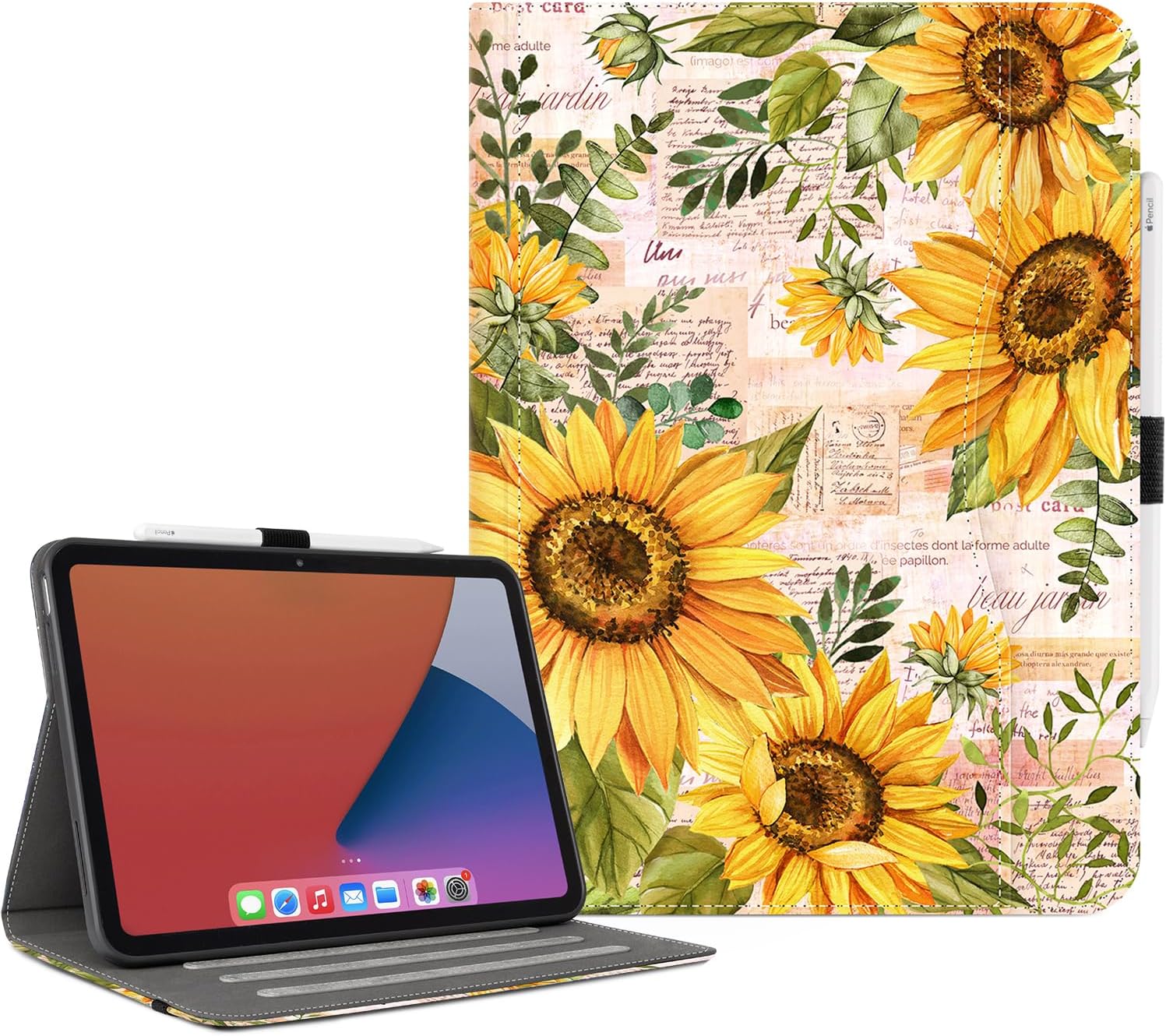 Lokigo Case for iPad (A16) 11th Generation 11 Inch 2025, for iPad 10th Gen 10.9 Inch 2022, Build with Pencil Holder/Hand Strap/Pocket, Shockproof 11th/10th Gen Stand Cover, Retro Sunflower