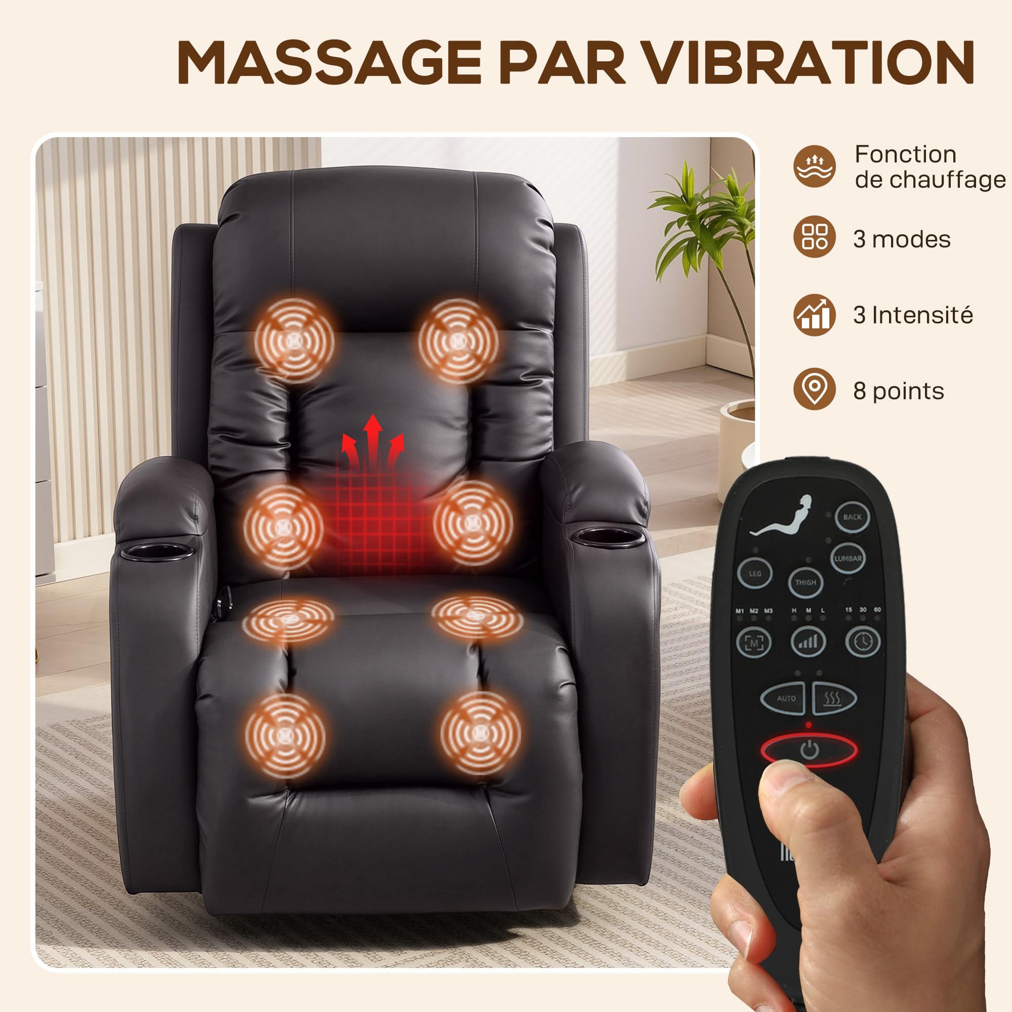 HOMCOM Sillón reclinable Ajustable con calefacción, Marrón Oscuro | Sillón de masaje, TV giratorio con mecedora, portavasos, bolsillo, temporizador, cuero sintético, para salón