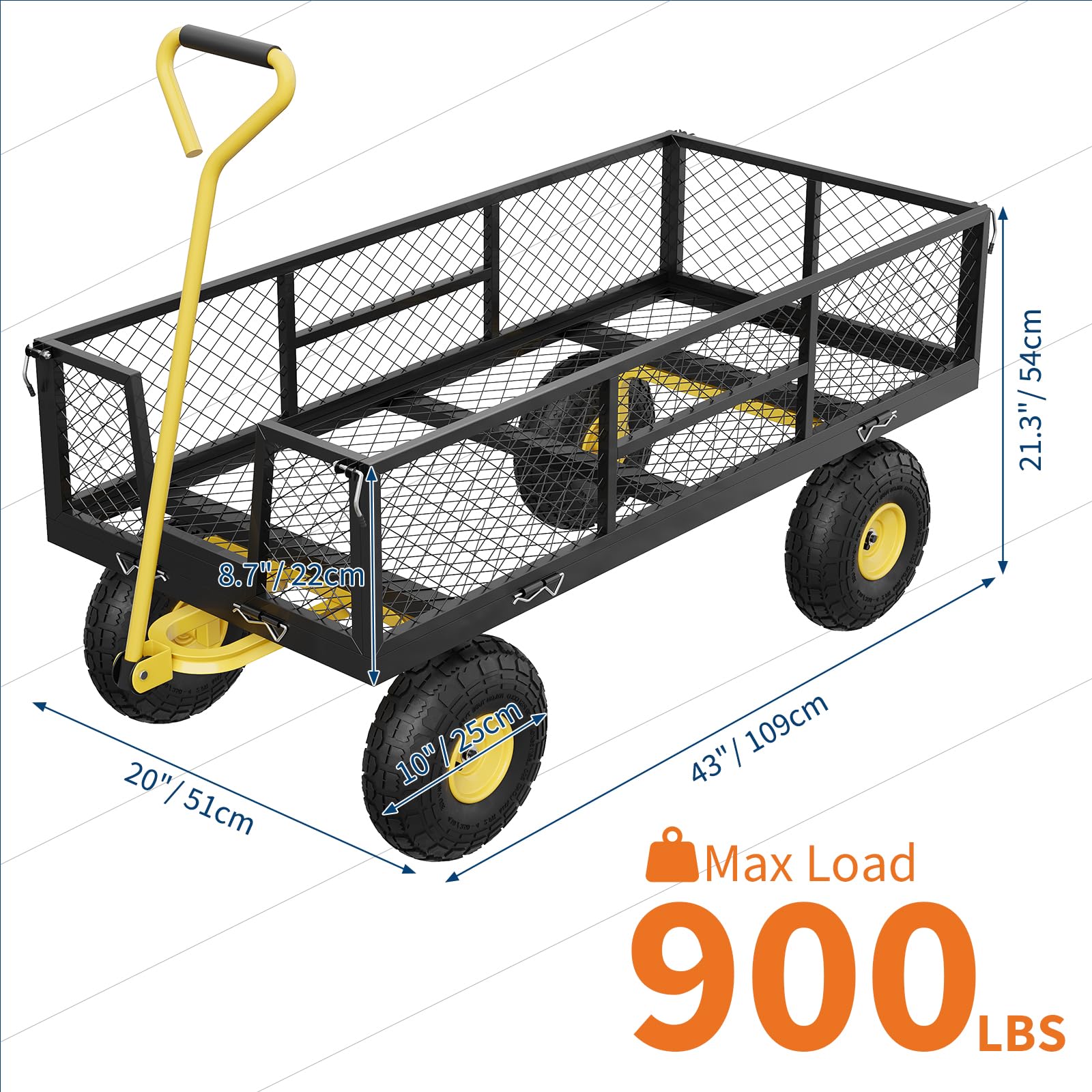 Chariot de Jardin Chariot à roulettes Grillagé à Ouverture Latérale Transport Camping Acier Maille Côtés Amovibles Jardin Camping Ferme Corps Noir PoignéE et Rayons Jaunes 150kg