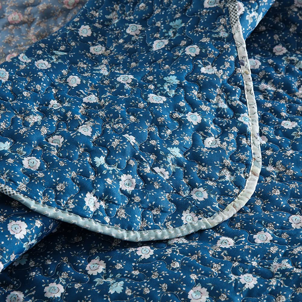 Autumn Dream Reversible Patchwork Bedspread Quilt Set, 3 Pieces Coverlet Set, Blue Rose Floral Bedspread, Queen Size