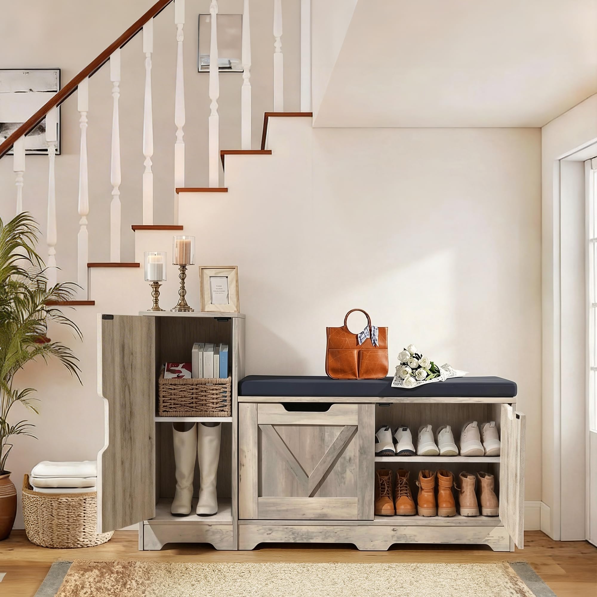 YITAHOME Banc à Chaussures, Meuble Chaussure Banc avec Siège Rembourré et Coussin, Double Porte Ouverte Rangement Chaussure avec Armoires Latérales, Meuble d'Entrée, 105 x 37 x 65.5cm, Gris