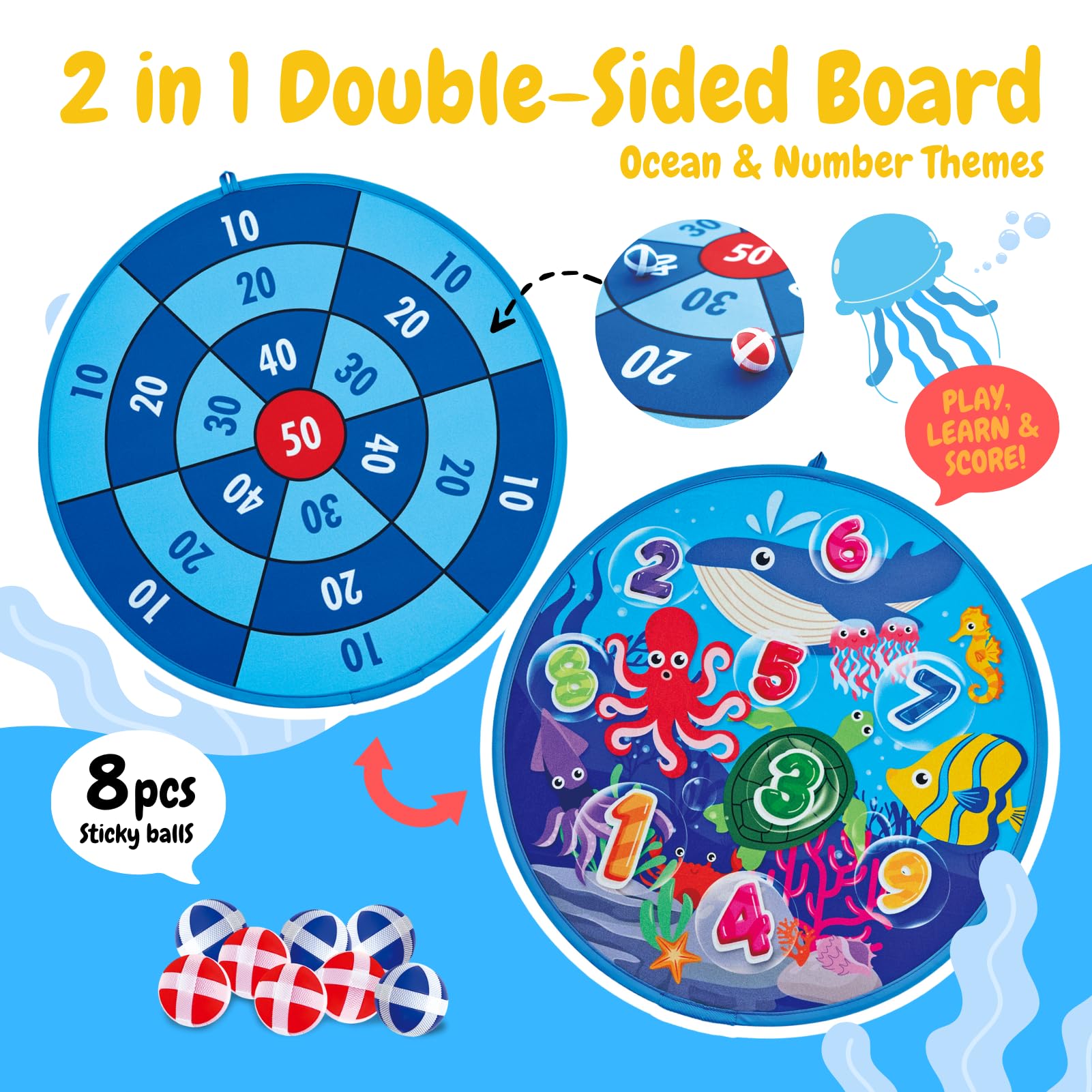 Grip Kids Juego de diana de doble cara con temática de números y océanos, tablero de dardos grande de 26 pulgadas con bolas adhesivas y bolas de lanzamiento de medusas, juguete de regalo para