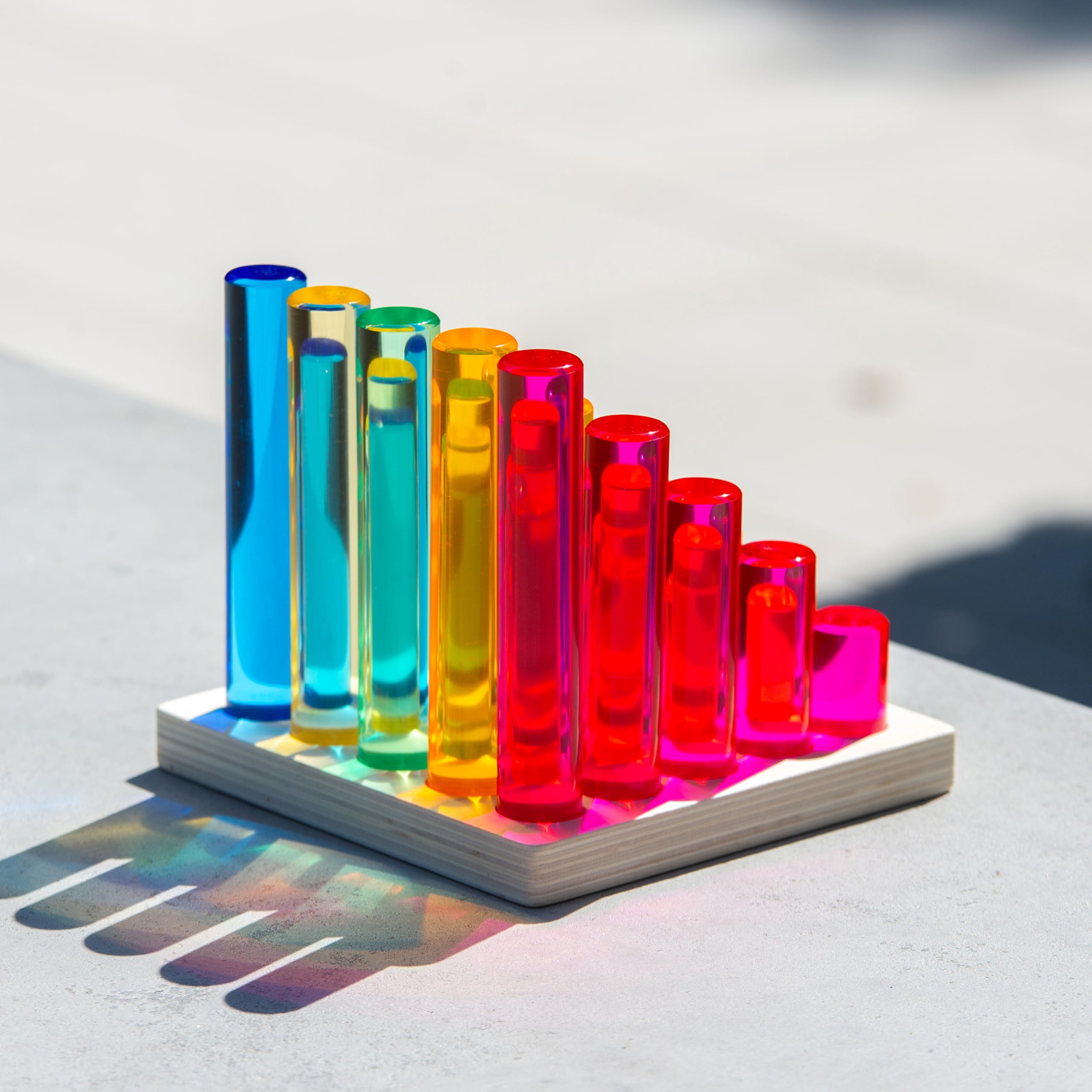 tickit Graduated Gem Columns Play Set with Wooden Storage Tray 25 Translucent Acrylic Cylinders for Stacking, Colour Mixing, Measurement, Construction & Sensory Learning - Image 3