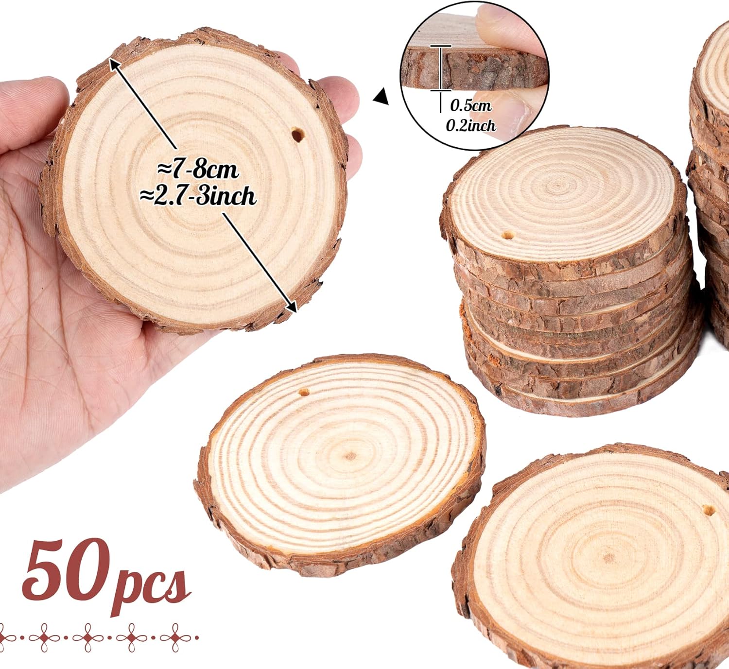 ilauke Wood Slices, 50PCS 2.7''-3.1''Natural Wooden Christmas Ornaments Kit with Pre-Drilled Hole, Acrylic Paint Pattern Stencils, DIY Craft for Adults Kids Holiday Decor Xmas Ornaments