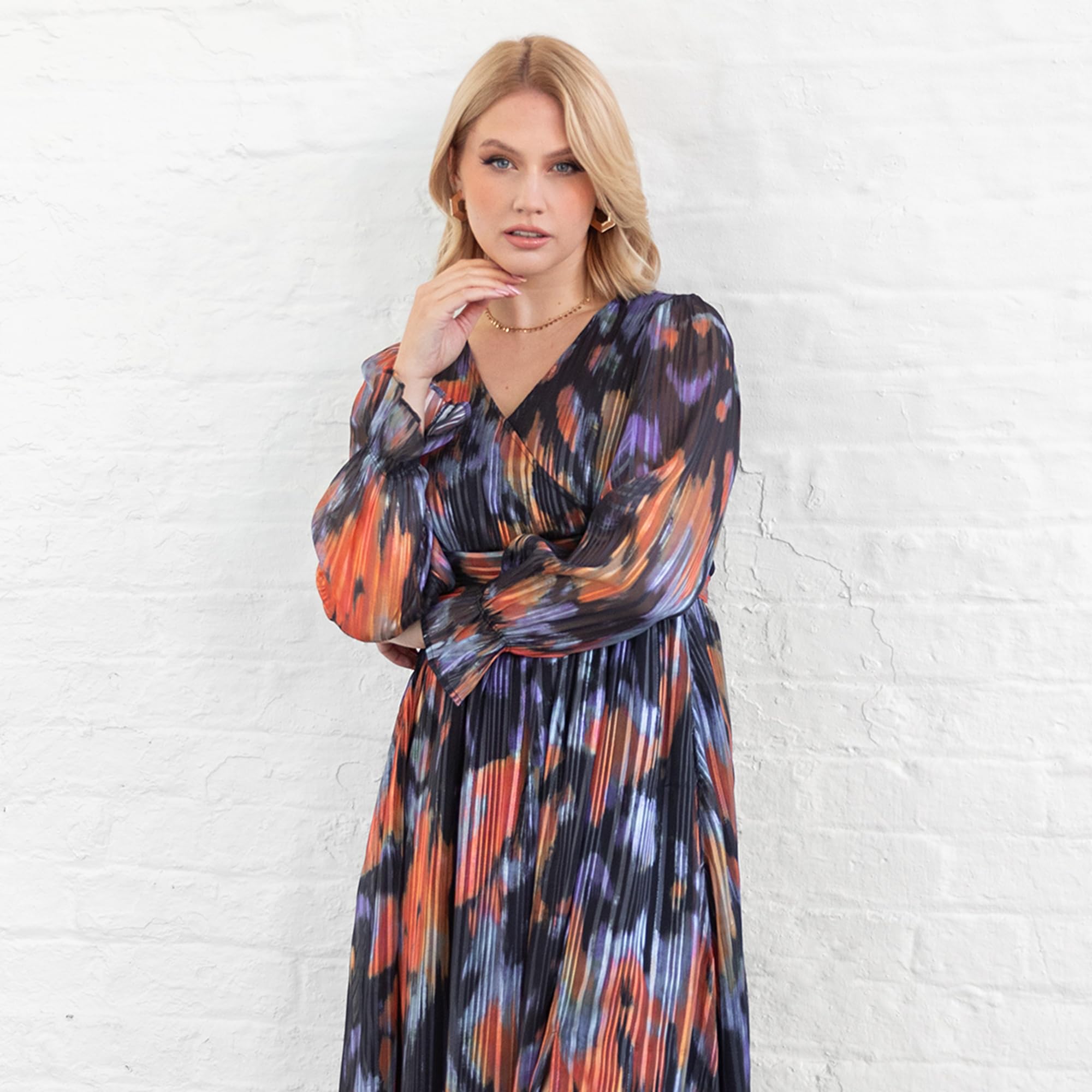 Lovedrobe Women's Midaxi Dress Ladies Ankle-Length Long Sleeve V-Neck Faux-Wrap Front Tie Belt Abstract Print A-Line Evening Party