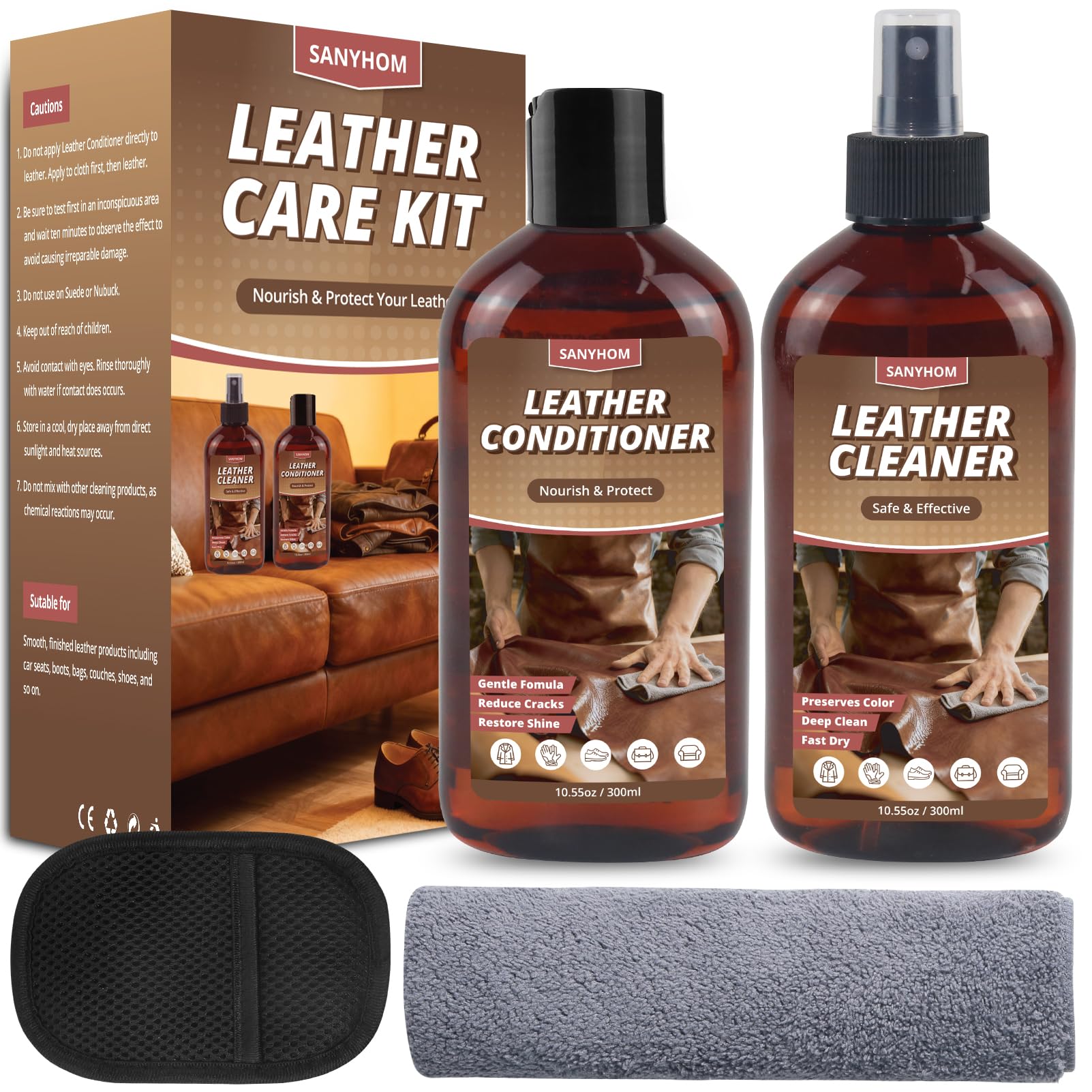 SANYHOM Lederpflegeset Lederreiniger & Pflegemittel Set – Leder sicher reinigen & schützen mit dem Reinigungstuch-Handschuh für Auto, Möbel, Schuhe, Taschen und Bekleidung, 2 Flaschen à 300 ml
