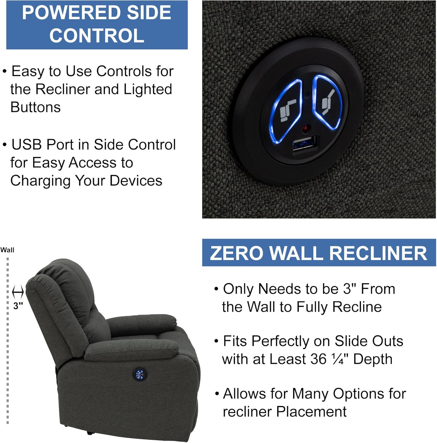 RecPro Charles Collection | 30" Powered Zero Wall RV Recliner | Wall Hugger Recliner | RV Living Room (Slideout) Chair | RV Furniture | RV Chair | Cloth (Fossil, 1 Chair)