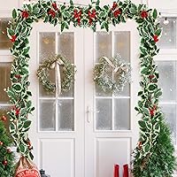 Vista 6 de Juego de 9 guirnaldas de acebo con bayas, incluye guirnalda de bayas rojas de Navidad de 5.7 pies con ganchos, hojas verdes, enredaderas de invierno