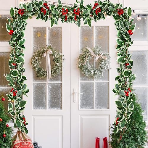 Miniatura 6 de Juego de 9 guirnaldas de acebo con bayas, incluye guirnalda de bayas rojas de Navidad de 5.7 pies con ganchos, hojas verdes, enredaderas de invierno