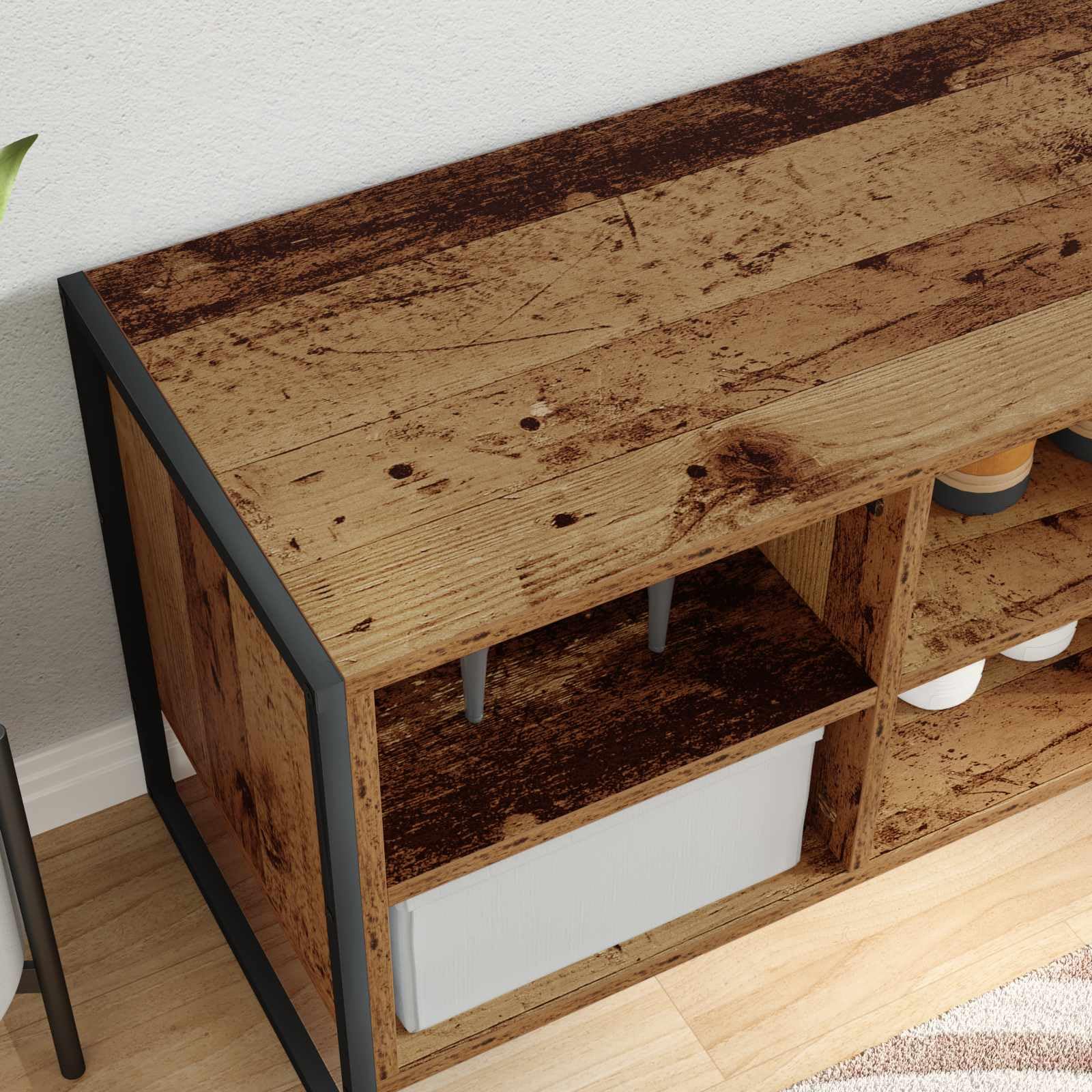 Scarpiera in legno anticato, 100 x 35 x 44 cm, stretta chiusa con gambe in metallo, salvaspazio, per corridoio, soggiorno, come scarpiera, organizer e sistema di conservazione