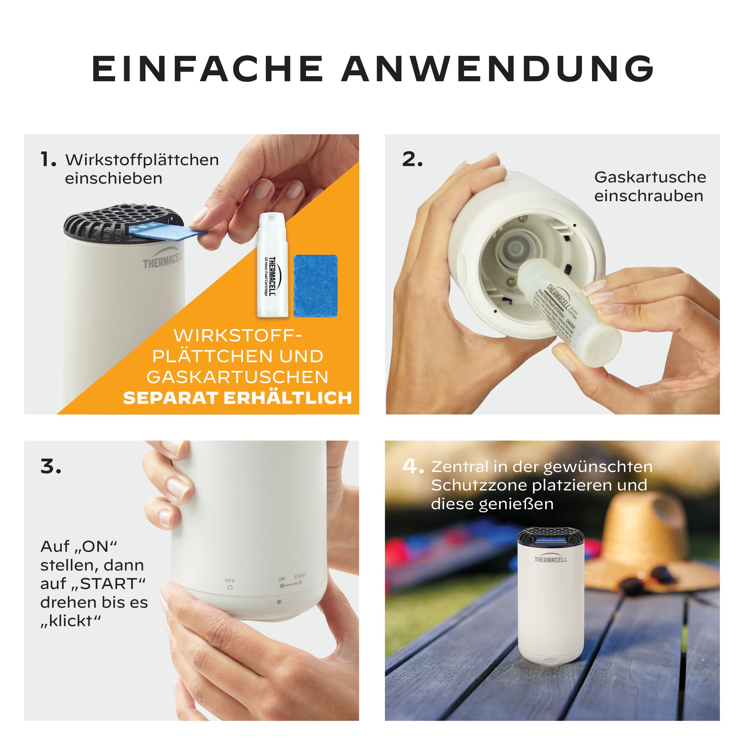 Thermacell Mückenabwehr Protect Basisgerät ohne Wirkstoffplättchen, innovatives Mückenschutz Standgerät in modernem Design, für Garten, Terrasse und Camping, Creme