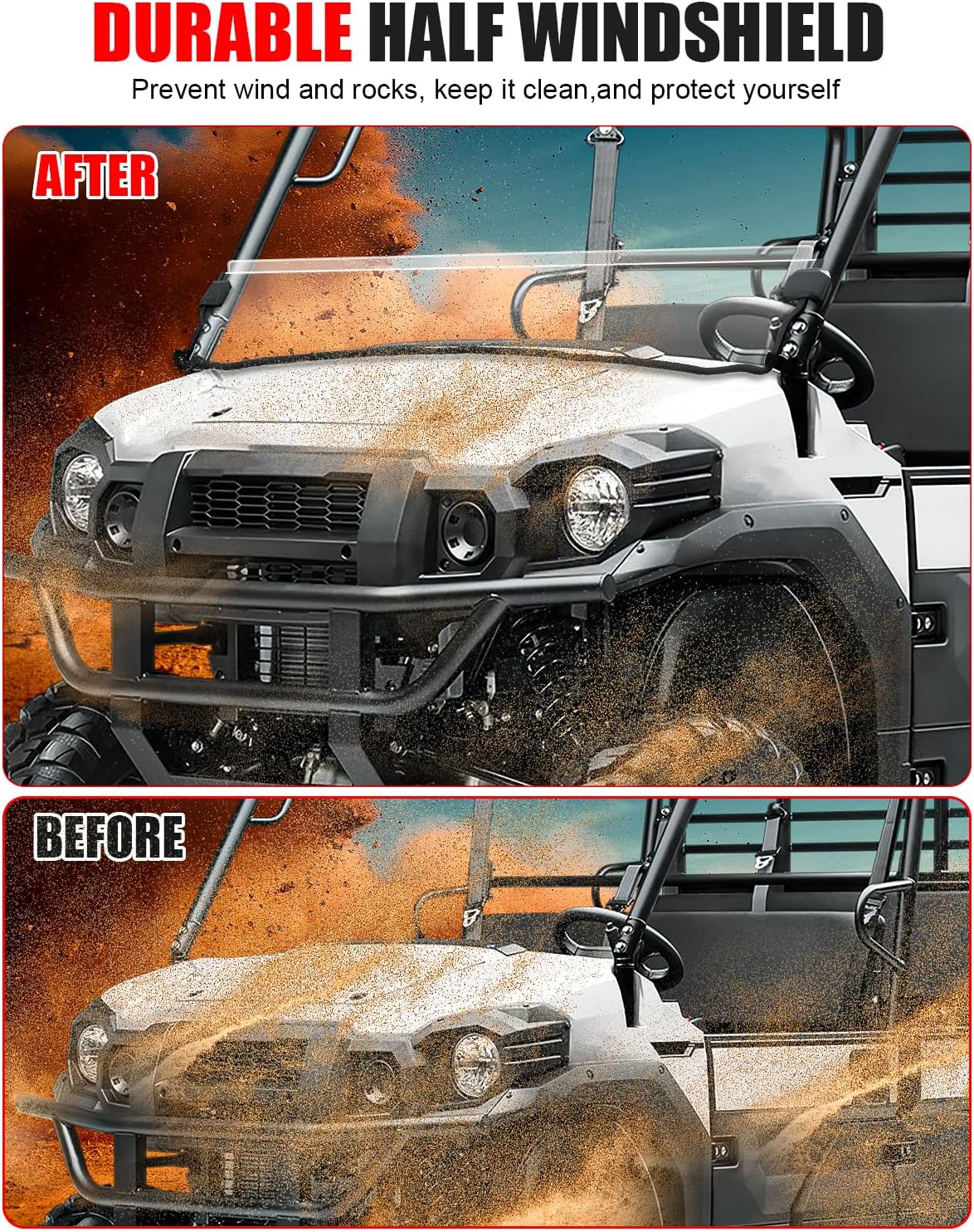 Front Half Windshield for Kawasaki Mule Pro FXT, UTV Clear Front Half Windscreen PC Scratch Resistant Windshield for Kawasaki Mule Pro FXT DXT DX FX 2015-2025 Accessories