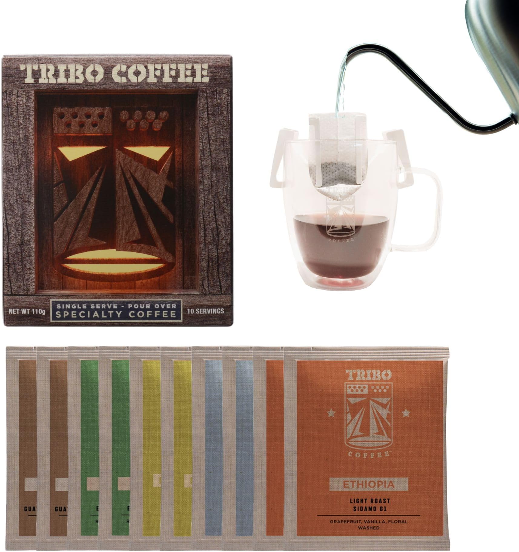 Coffee Single-Serve Portable Pour Over Drip Coffee - Specialty Grade - Variety - 10 Servings Per Box (Light, Medium & Med-Dark Roasts)