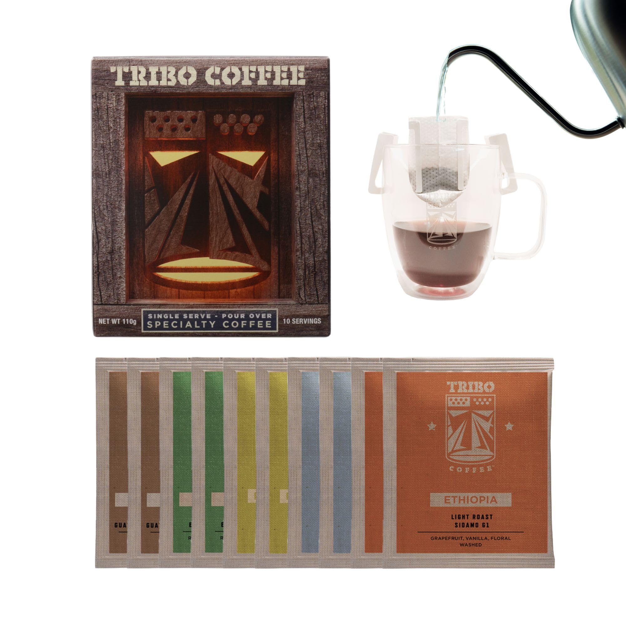 TRIBO Coffee Single-Serve Portable Pour Over Drip Coffee | Specialty Grade | Small Batch Roasted - Variety | 10 Servings Per Box (Light, Medium & Med-Dark Roasts)