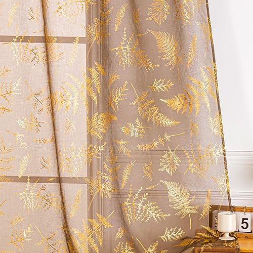 Deeprove Sheer Curtains 96 Inches Long 2 Panels Set, Gold Print Foil Metallic Shimmer Leaf Window Treatments for Bedroom Living Room, Golden Bronzing Privacy Drapes Pair 52" W x 96" L, Taupe Brown