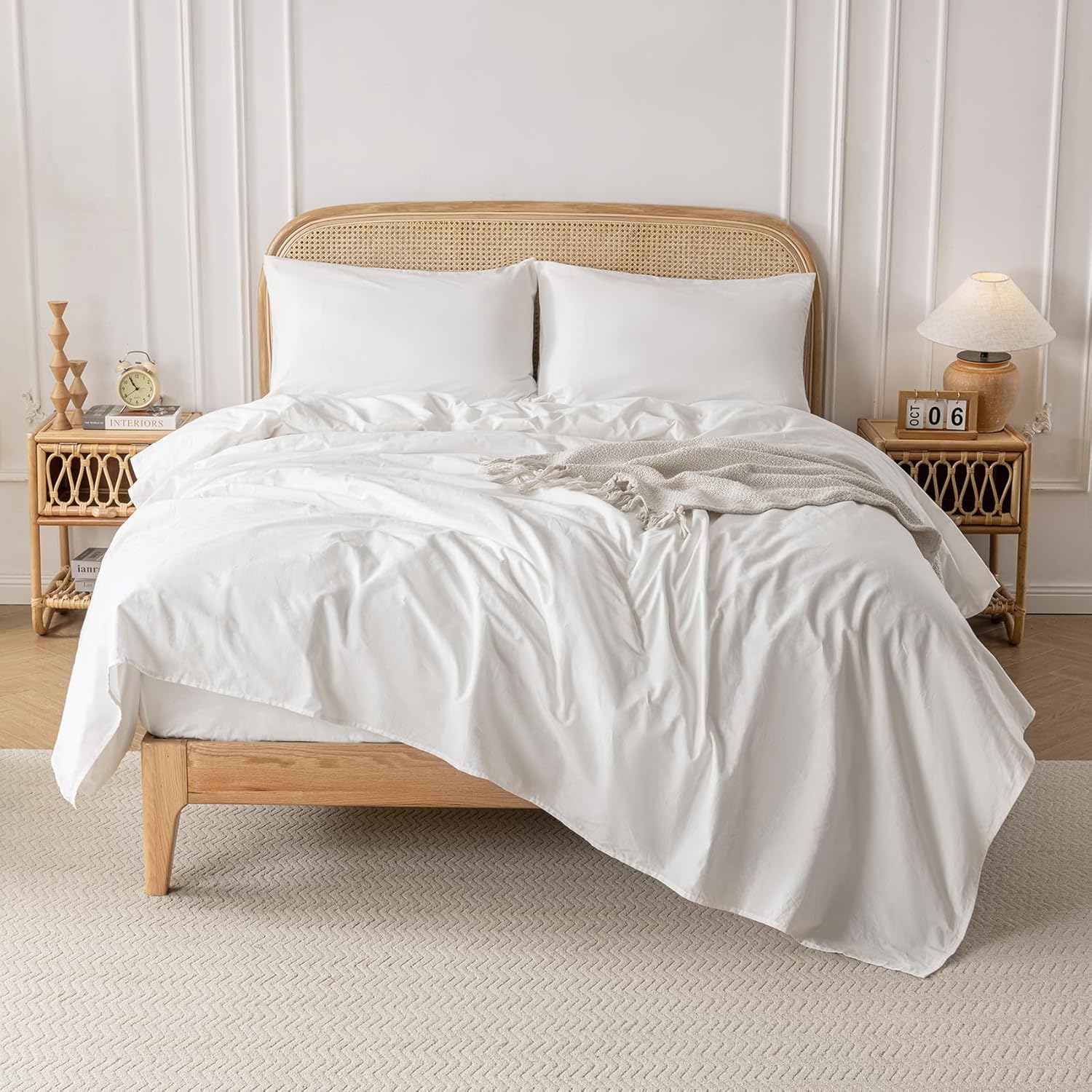 White 100% Washed Cotton Linen Feel Sheet Set King Size, 4 Pieces Deep Pocket Bed Sheets Soft Breathable Hotel Bedsheets