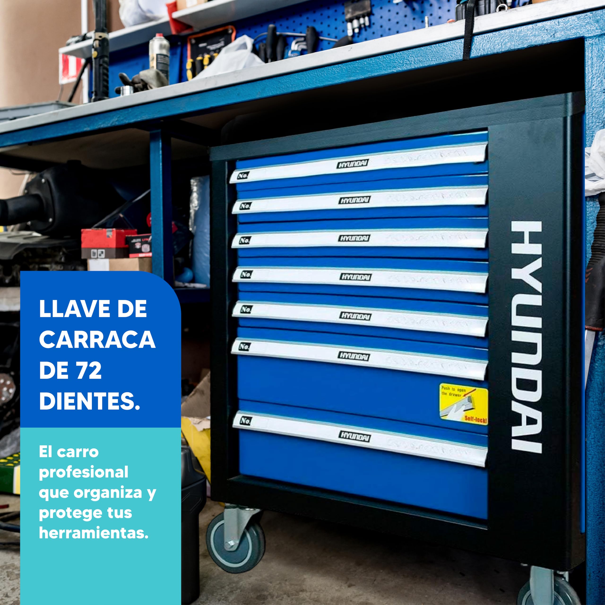 HYUNDAI Carro de Herramientas con 297 Piezas para Taller Profesional - Carro de Herramientas con 7 Cajones y Cierre con Llave - Organizador para Herramientas con Llave de Carraca y Chasis de Acero
