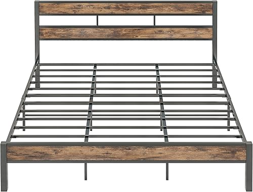 Miniatura 9 de LIKIMIO Marcos de cama California King fácil de montar sin ruido no necesita somier marcos de soporte de metal resistente Cal Kingmarrón rústico