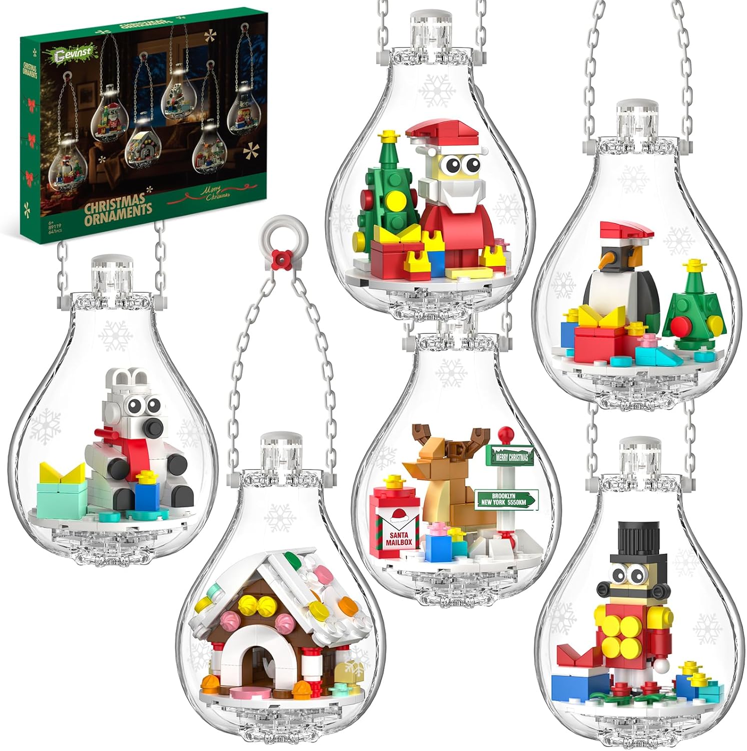 Christmas Ornaments 2025 Building Set, Ornament for Christmas Tree with Light, Xmas and Thanksgiving Holiday for Gifts, Gingerbread Houses, Santa, Reindeer, Polar Bears, Soldiers and Penguin (647 Pcs)