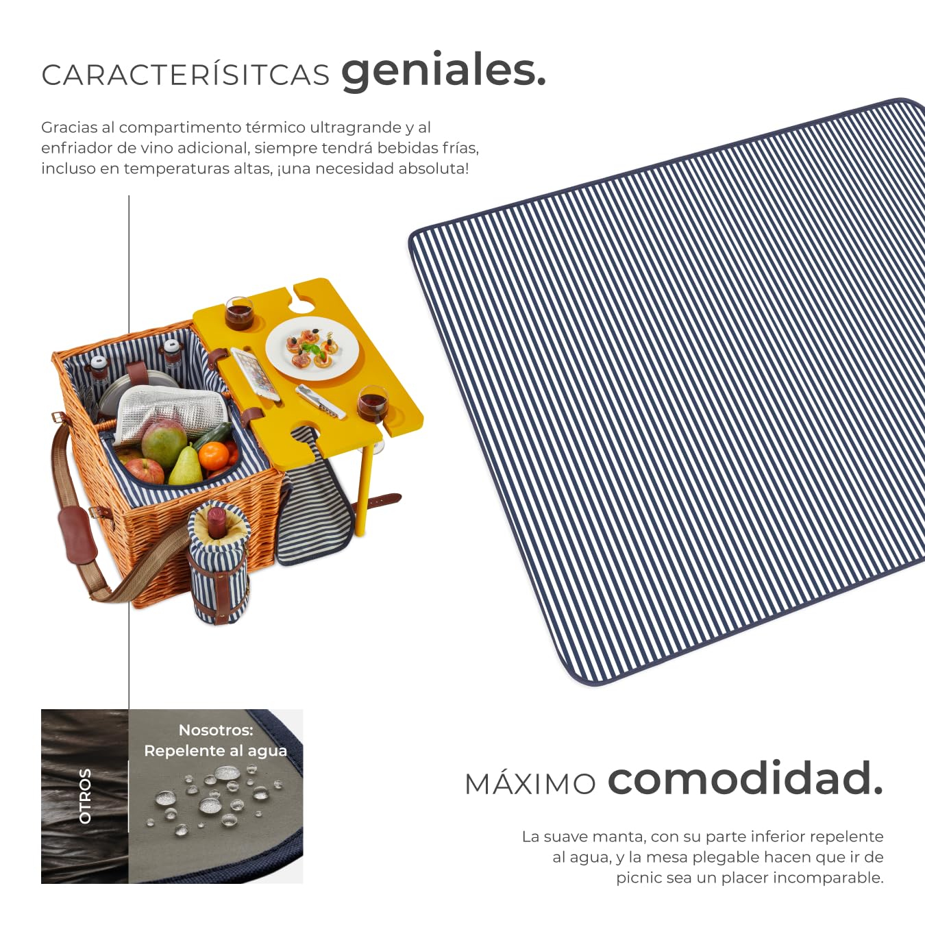 tectake® Cesta Picnic de Mimbre 4 Personas, con Manta Impermeable, Nevera Portatil, Mesa, Nevera Playa, Cesta Mimbre Vajilla de 20 Piezas, sacacorchos, salero y Enfriador de Vino - Modelo Langeoog
