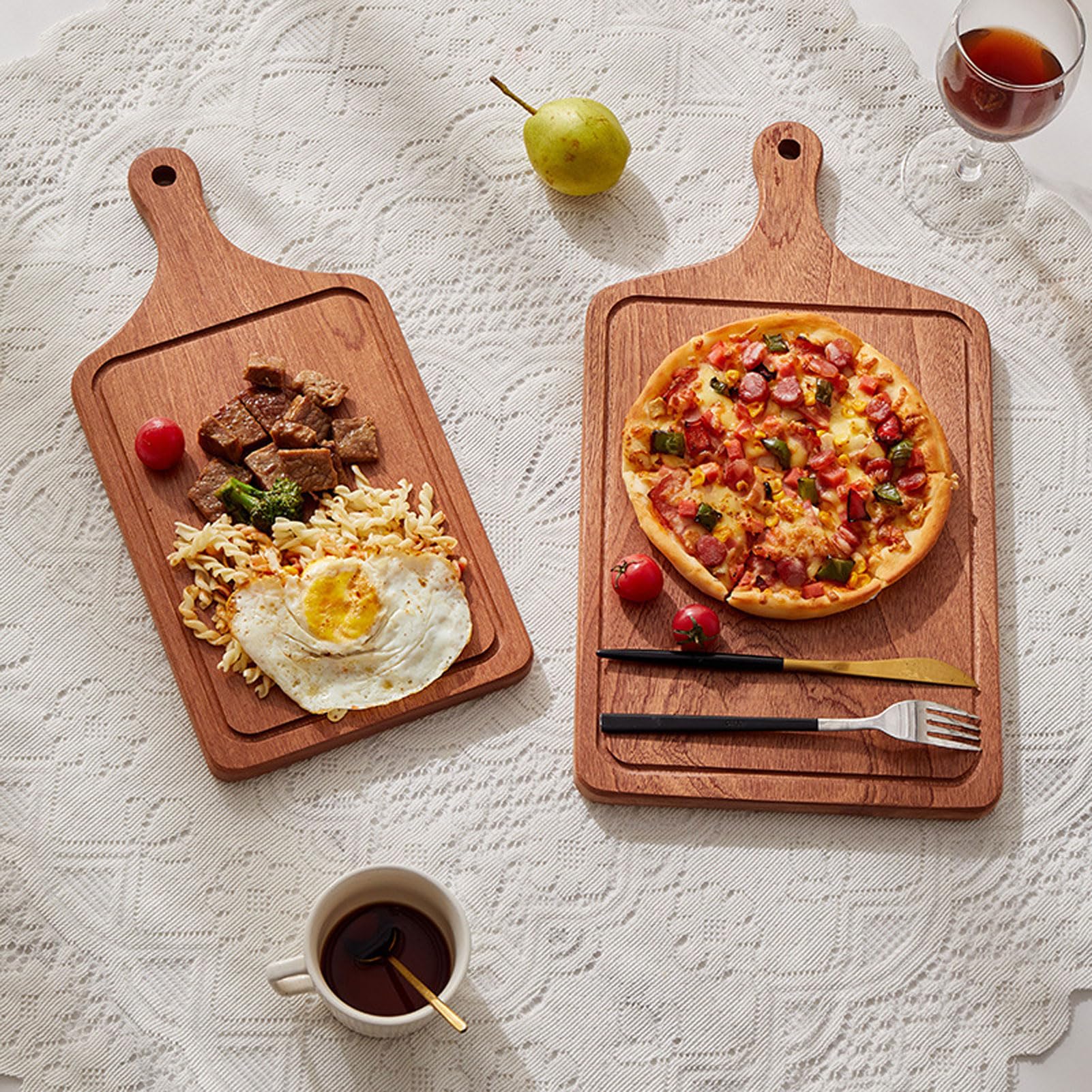 MRKU Bandeja de Madera con asa para Servir Pizza, Filete, Borde Elevado, Ideal para Fiestas, cenas y desayunos.