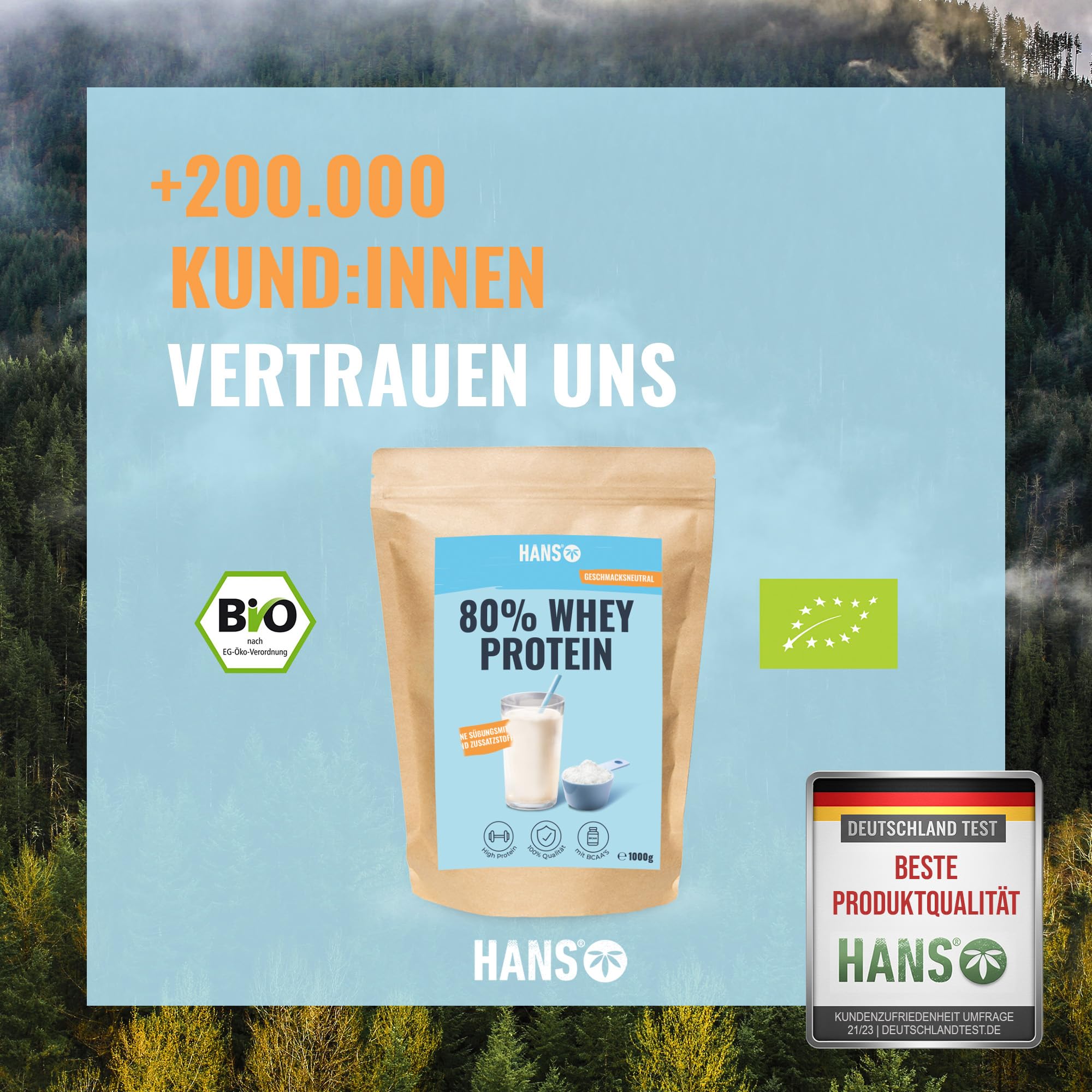 HANS Brainfood 80% Bio Whey Protein Pulver Neutral 1kg von Kühen aus Bayern ohne Zuckerzusatz - Eiweißpulver, Whey, Eiweiss Protein Pulver - 100% reines Bio Molke-Protein
