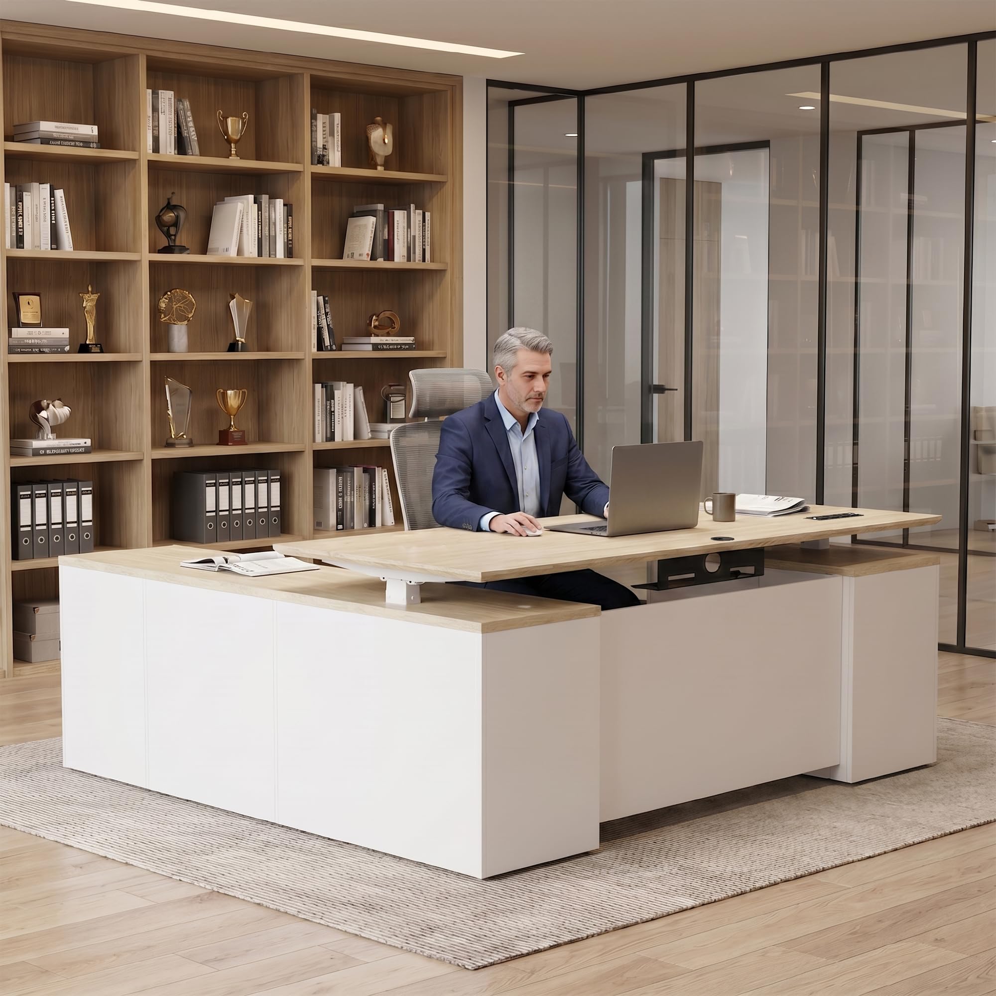 71" L Shaped Executive Standing Desk with File Cabinet, Power Outlet &amp; USB, Height Adjustable Office Desk for Corporate, School, Healthcare, Government &amp; Home Office, Oak Wood &amp; White