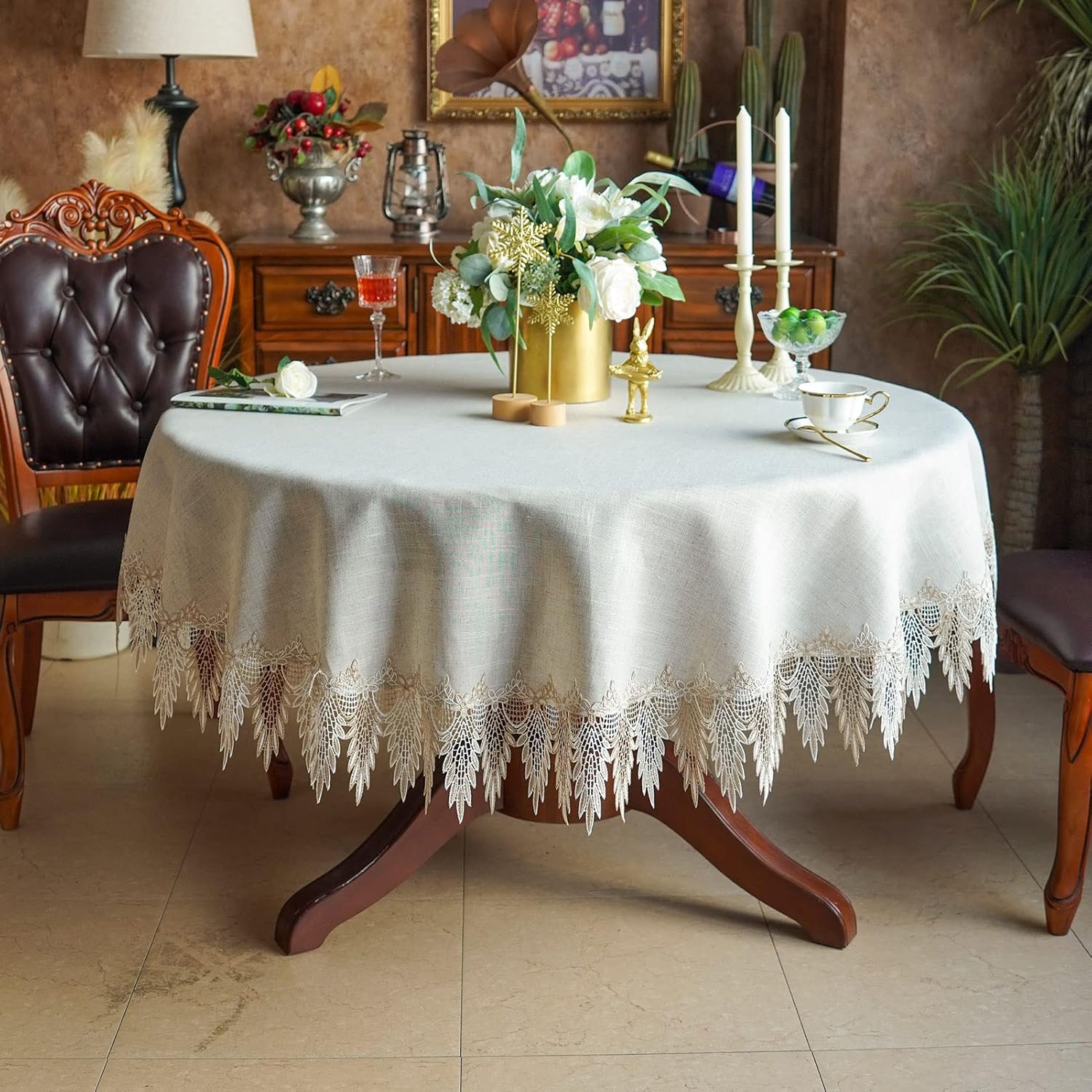 ARTABLE Lace Table Cloth Linen Grey Rustic Farmhouse Elegant Tablecloth Coffee Table Cover for Kitchen Home Dining (Stone Grey, 60 Inch Round)