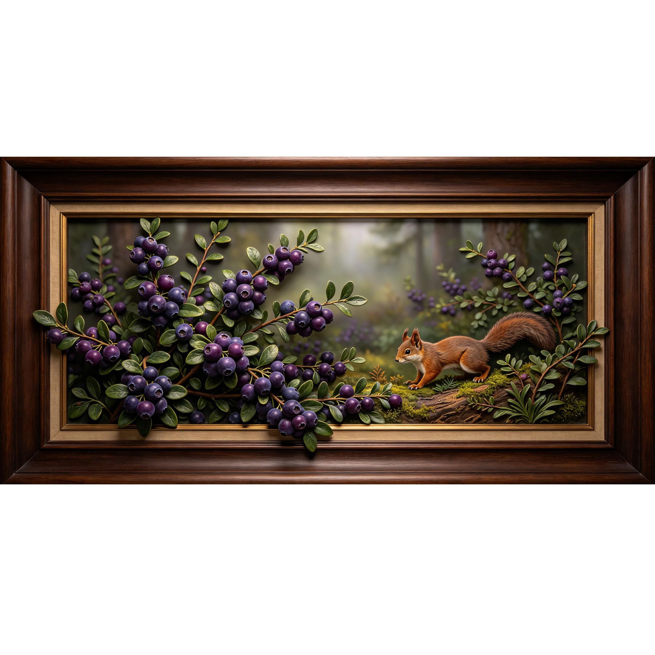 Agglomerix 3D Framed Wall Art Squirrel and Blueberry Branch Forest Botanical Textured Relief Effect Large Size Self-Adhesive Removable Wall Decor Prints Artwork for Living Room Bedroom Office