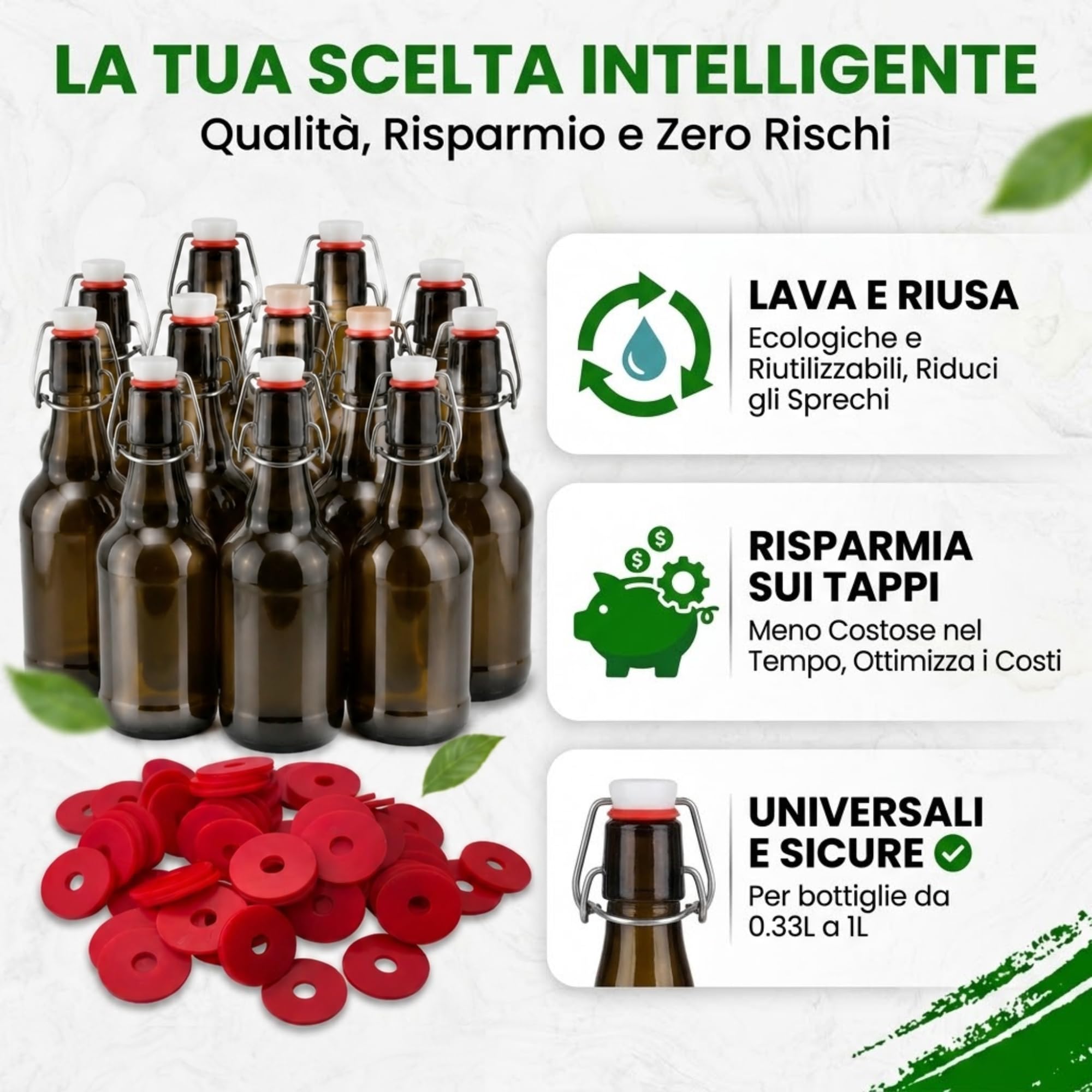Vigormat Guarnizioni per Bottiglie di Vetro in Gomma Universali - Guarnizione di Ricambio per Tappi Bottiglie Vetro con Chiusura Ermetica - Made in Italy (50 Pezzi)