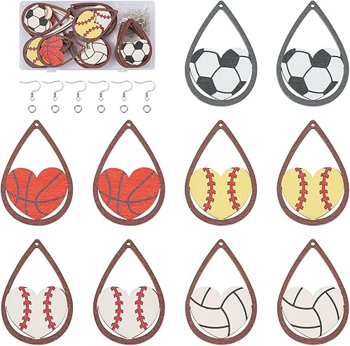 Juego de 20 piezas de aretes de bola deportiva para fútbol, baloncesto, rugby, dijes de madera, 5 estilos, aretes de bola deportiva con ganchos para