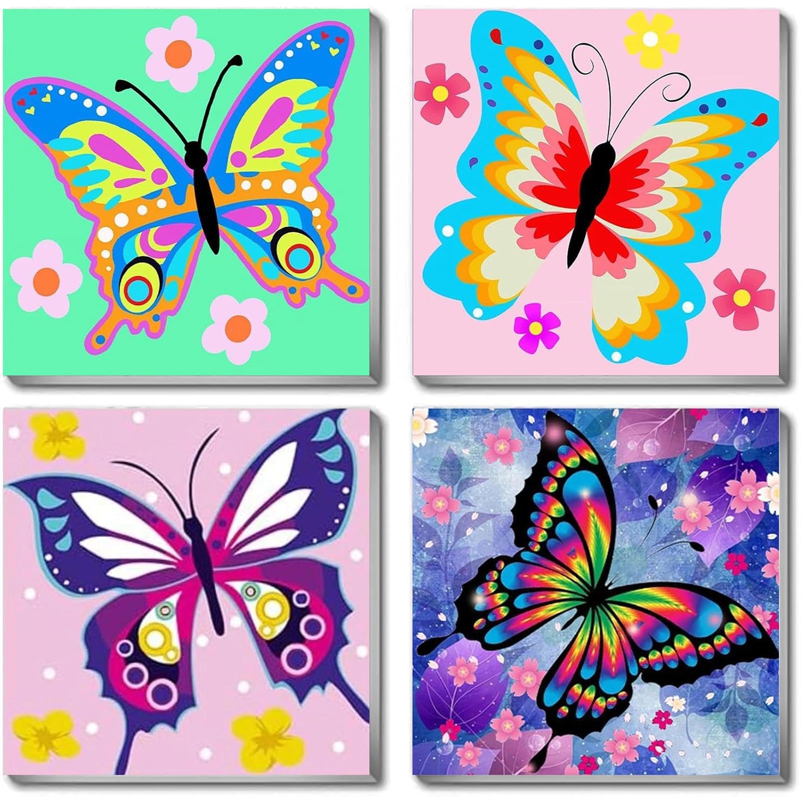 JATOK 4 Pcs Paint by Numbers for Adults, Painting Kits for Beginners On Clear Colored Canvas, Easy DIY Acrylic Pigment Drawing Paintwork for Home Wall Decor, Butterfly 8x8in (no Frame