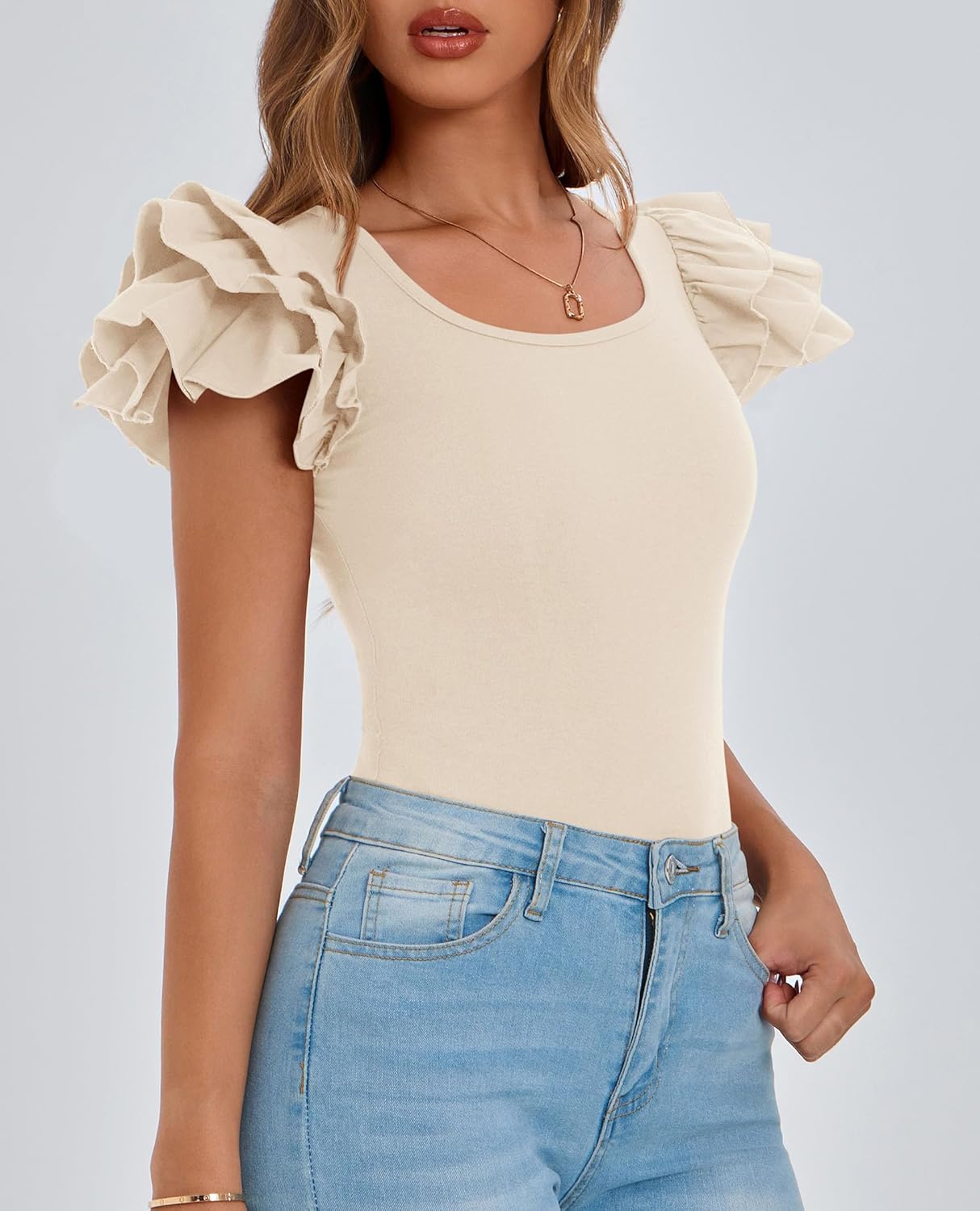 PRETTYGARDEN Women's Ruffle Short Sleeve Shirts 2026 Summer Casual Basic Tee Cute Fitted Crew Neck Fashion Tops Clothes - Image 4