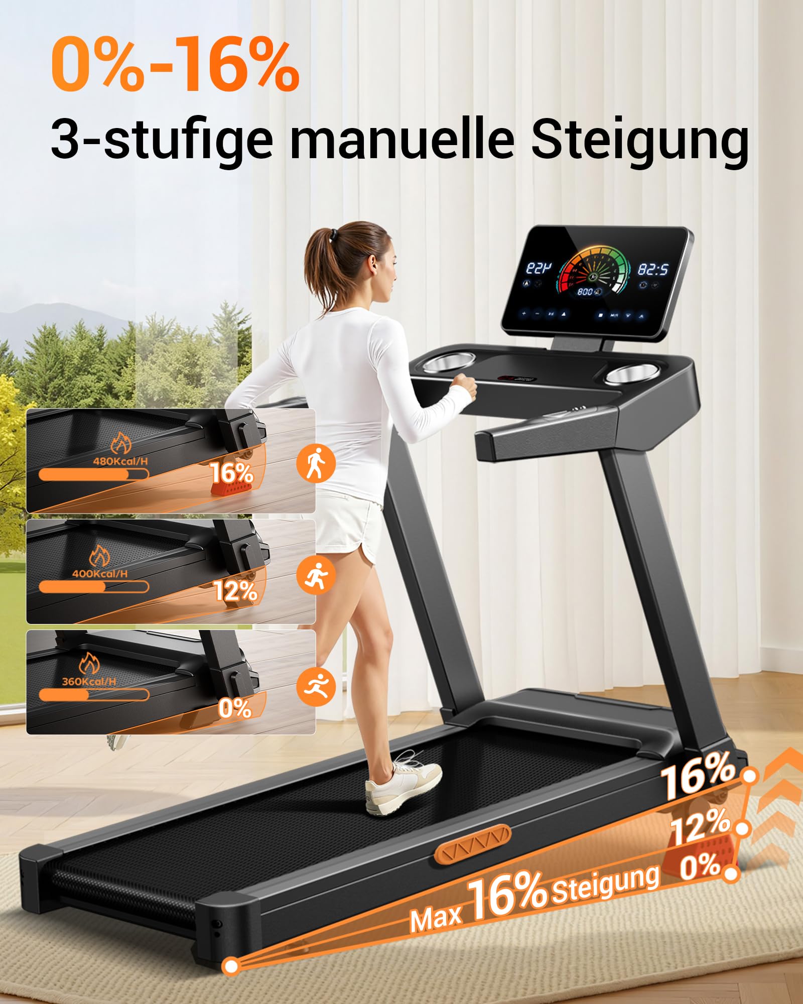 UMAY Laufband für Zuhause mit Steigung 16%, 14KM/H | Laufband Klappbar Treadmill for Home mit leisem 3,5-PS-Motor, LED-Anzeige, 180KG
