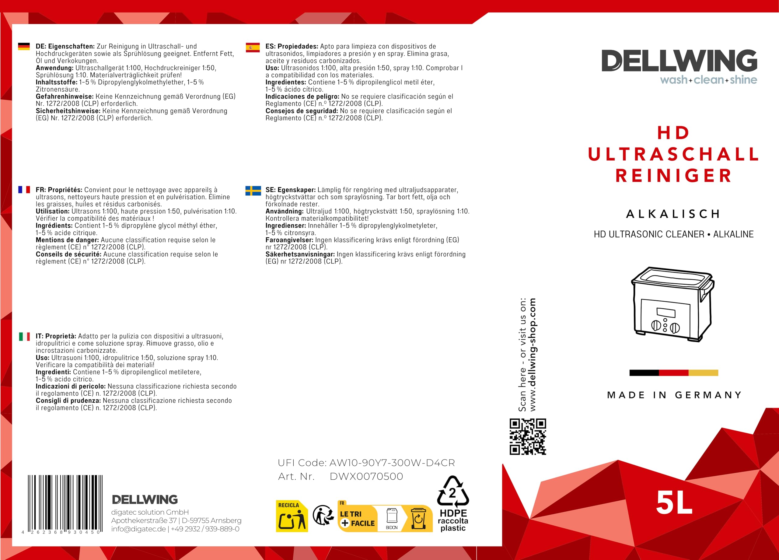 Dellwing HD Detergente a ultrasuoni 5 l, concentrato alcalino per parti automobilistiche, carburatori e iniettori, Made in Germany