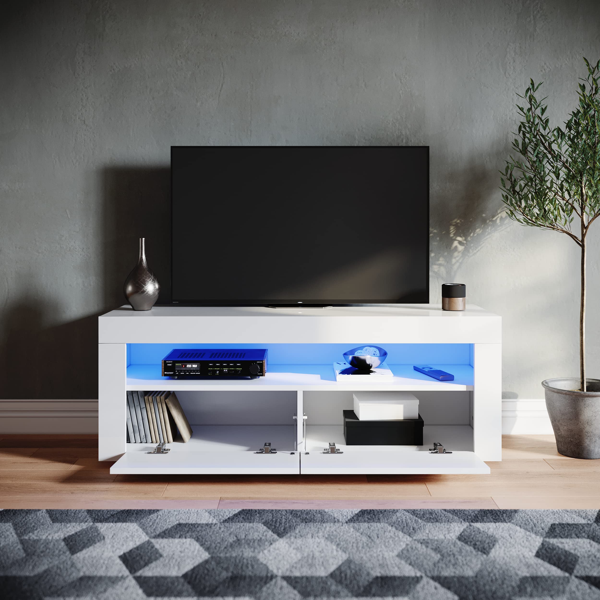 SONNI TV Board mit LED (16 Farben), 2 Türen, Hochglanz Weiß, 120x40x45cm | TV-Schrank für Fernseher bis zu 50 Zoll, Lowboard mit Großer Stauraum, TV-Regal für Wohnzimmer, Esszimmer, Schlafzimmer