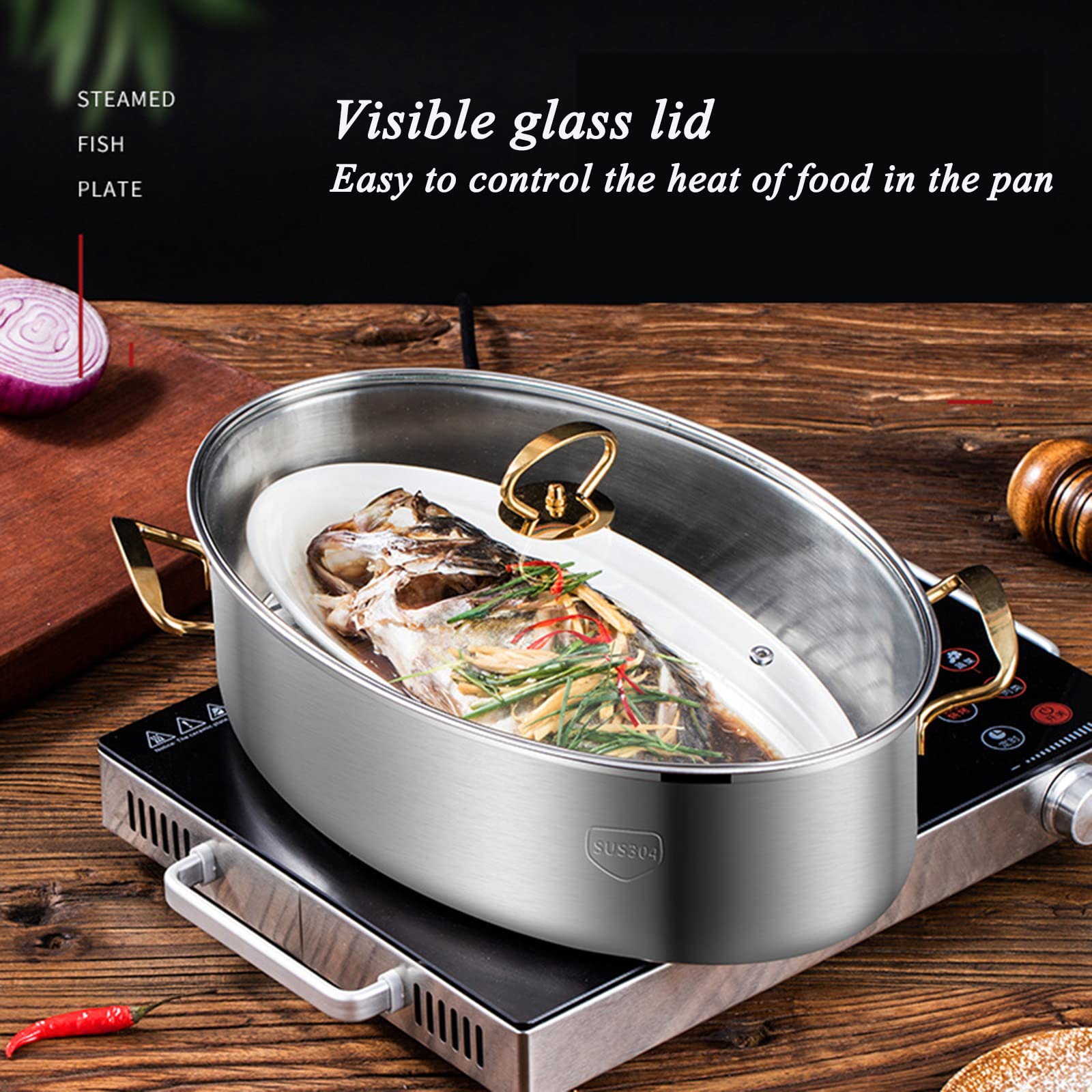 Pentola a vapore ovale in acciaio inox 304 resistente, multiuso, ellittica, con rastrelliera, padella in ceramica, clip antiscottatura, coperchio in vetro ventilato per cuocere a vapore pesce, zuppa