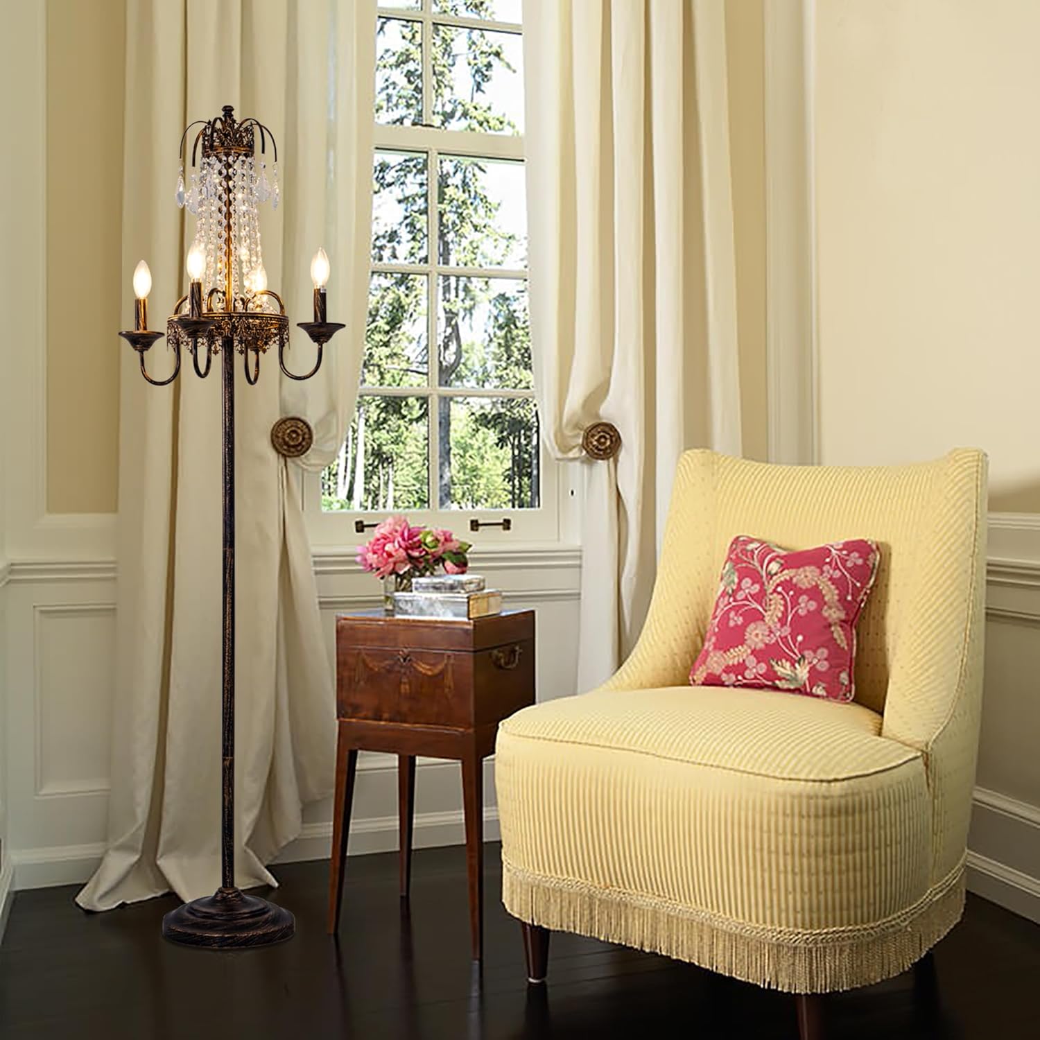 TOCHIC 4 Lights Farmhouse Tranditional Crystal Floor Lamp, Vintage Candelabra Floor Lighting Fixture 62.3" Tall for Living Dining Room, Entryway, Antique Bronze