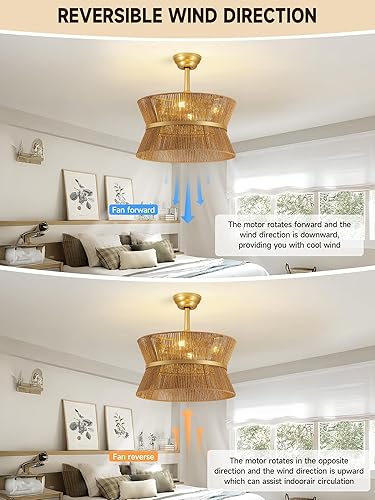 Vista 5 de Ventilador de techo bohemio con luz y control remoto de ratán, ventilador de techo enjaulado dorado con luz para dormitorio, sala de estar, cuarto