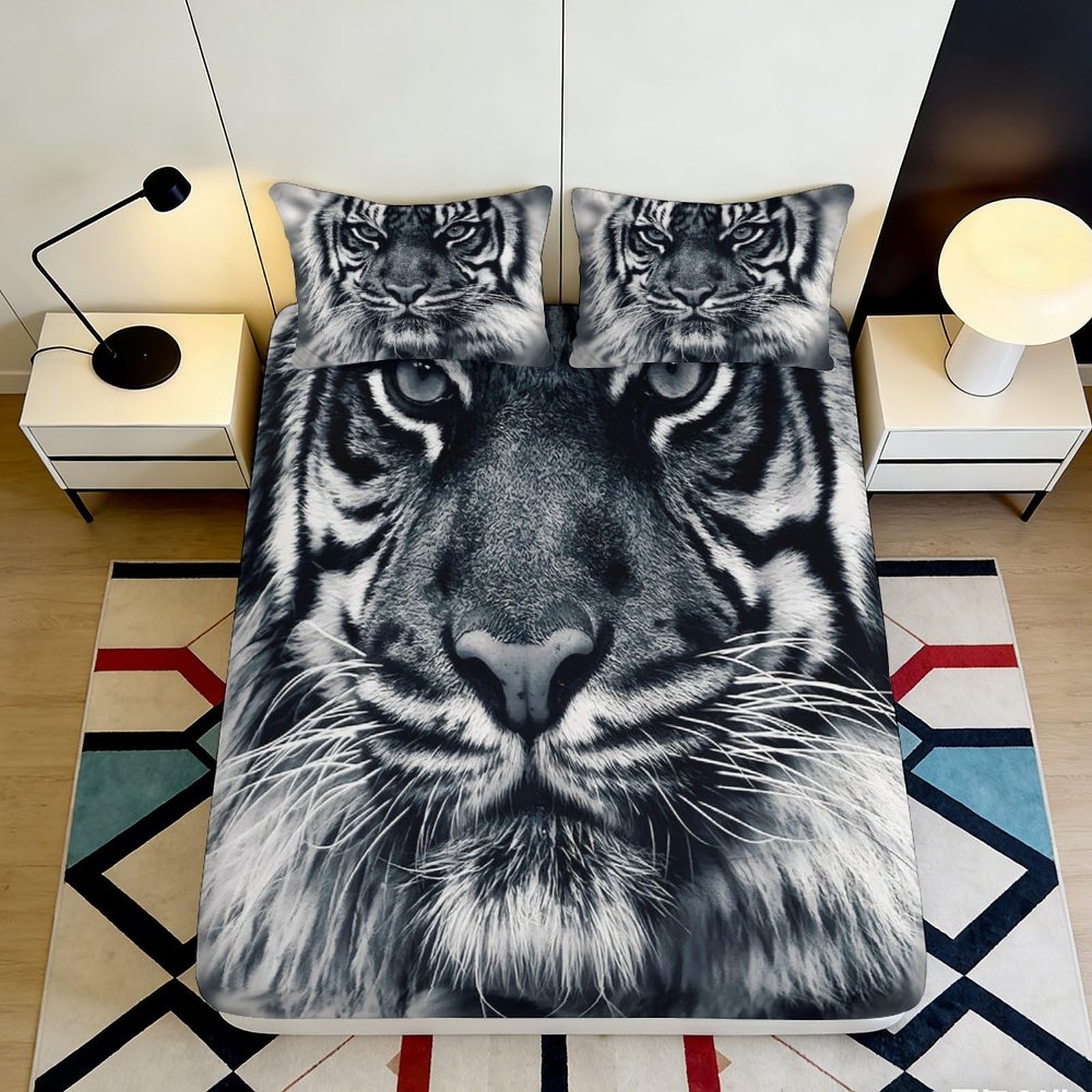 3D Printed Wild Tiger Fitted Sheet Microfiber Soft Breathable Jungle Animal Bed Cover for Bedroom Guestroom Decor 90x200x25cm