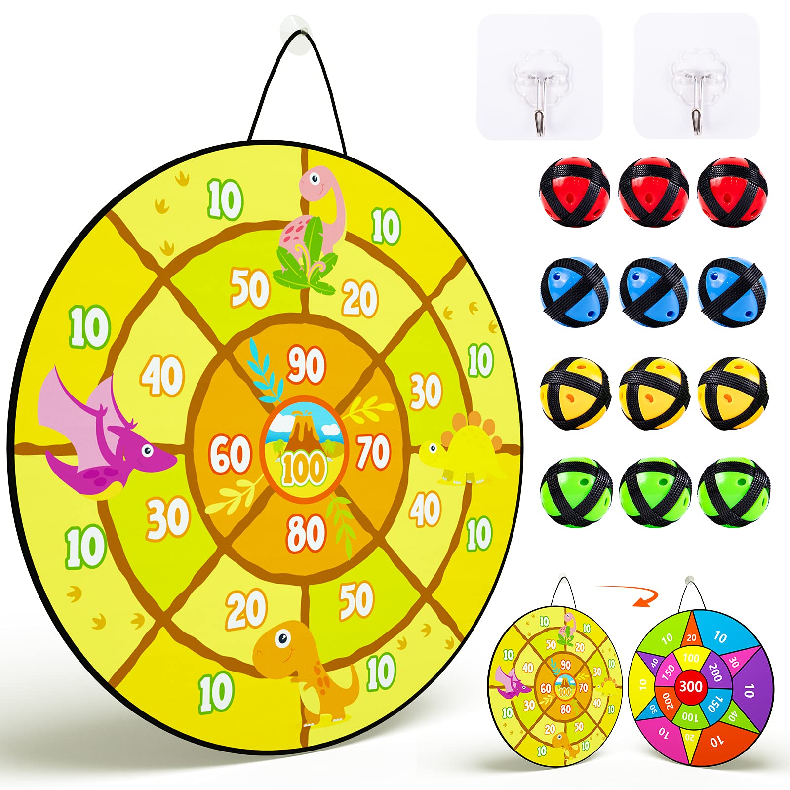 Ayeboovi Dart Board for Kids Boys 26 inch Dart Board with 12 Sticky Balls, Indoor Outdoor Yard Games for Kids, Dinosaur Toys for Birthday Easter Gifts