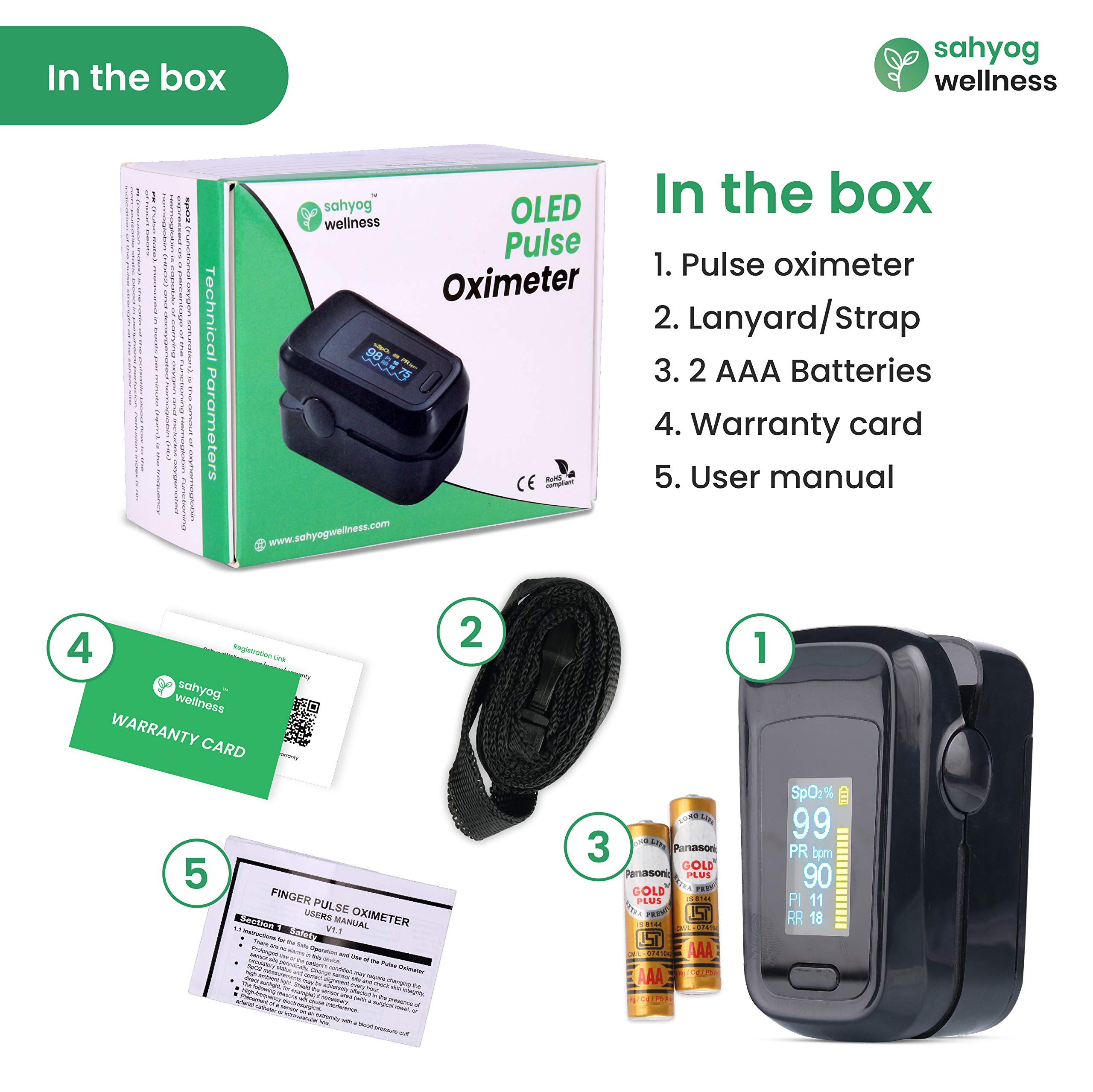 Sahyog Wellness Fingertip advanced OLED Type Pulse Oximeter measures Oxygen Saturation, Pulse Rate (SpO2), Perfusion Index & Respiratory Rate with Battery (Black) - Image 6 thumbnail