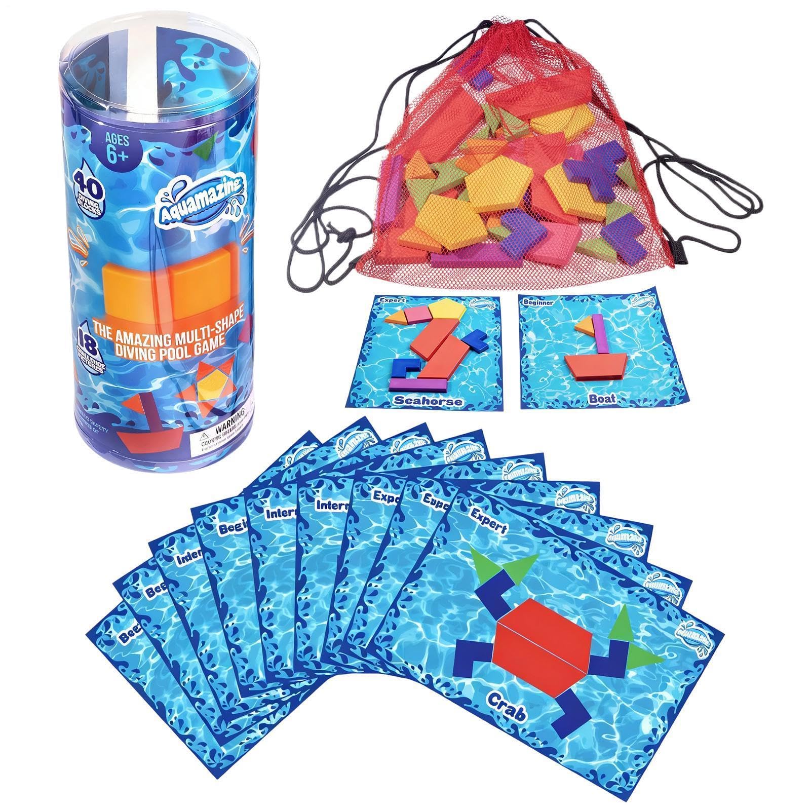 Search And Find Water Game Underwater Puzzle Diving Toys Fun Swimming Pools Dive Toys Puzzle Game Includes 40 Multi Shape Sinking Toy 18 Challenge Cards With 3 Difficulty Levels Mesh Storage Bag