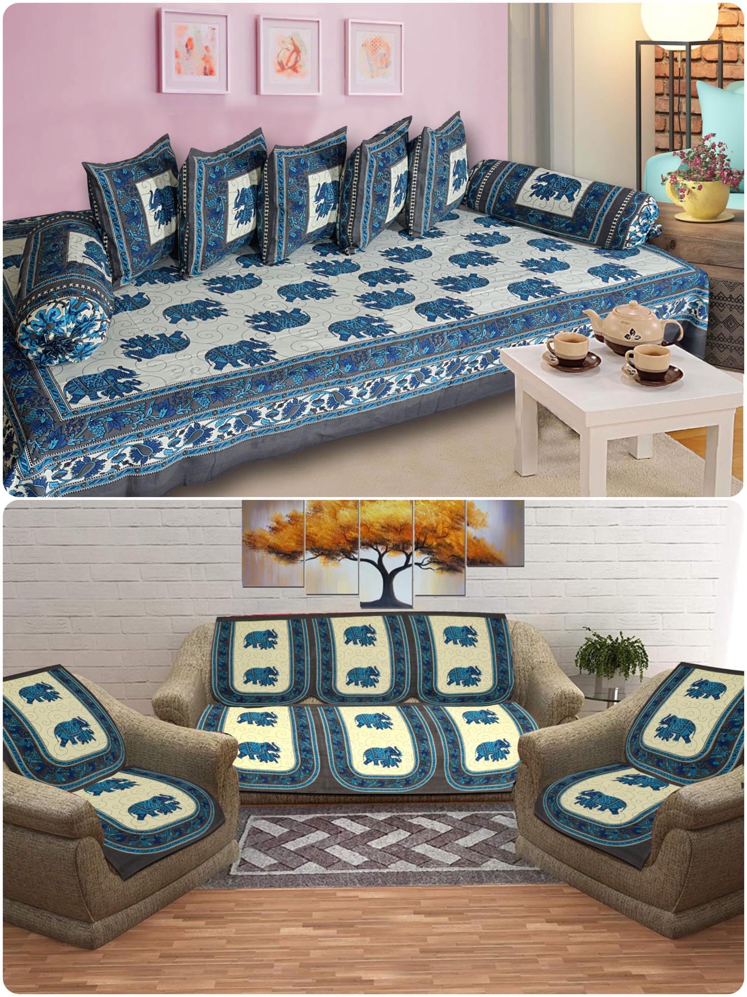 Maharaja Barmeri Cream Animal Print RoomSet Diwan & Sofa Cover Set Combo| Single Bedsheet, 2 Bolster Covers, 5 Cushion Covers and Five Seater Sofa Cover Set-image-18