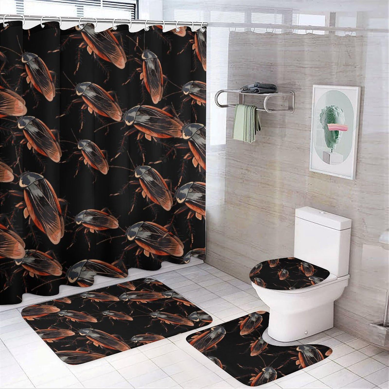 CGSBNGHA Cockroach Anime Shower Curtain Set 4 Piece Bathroom Sets with Rugs Toilet Lid Cover And U-Shaped Floor Mat