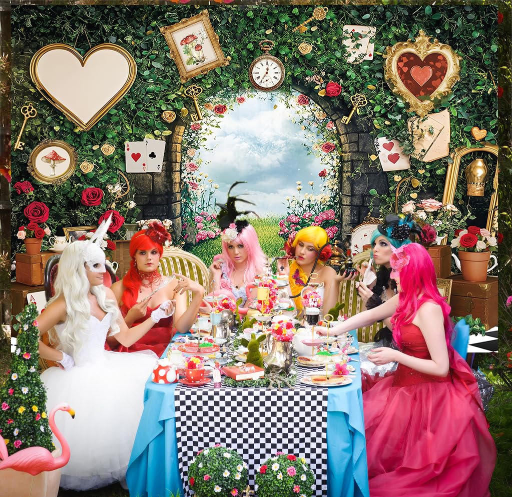 Wonderland - Sfondo fotografico con foglie verdi e rose a scacchiera con fiabe, sfondo fotografico, principessa, baby shower, feste di compleanno, striscione per ritratti fotografici (2,3 x 1,8 m)