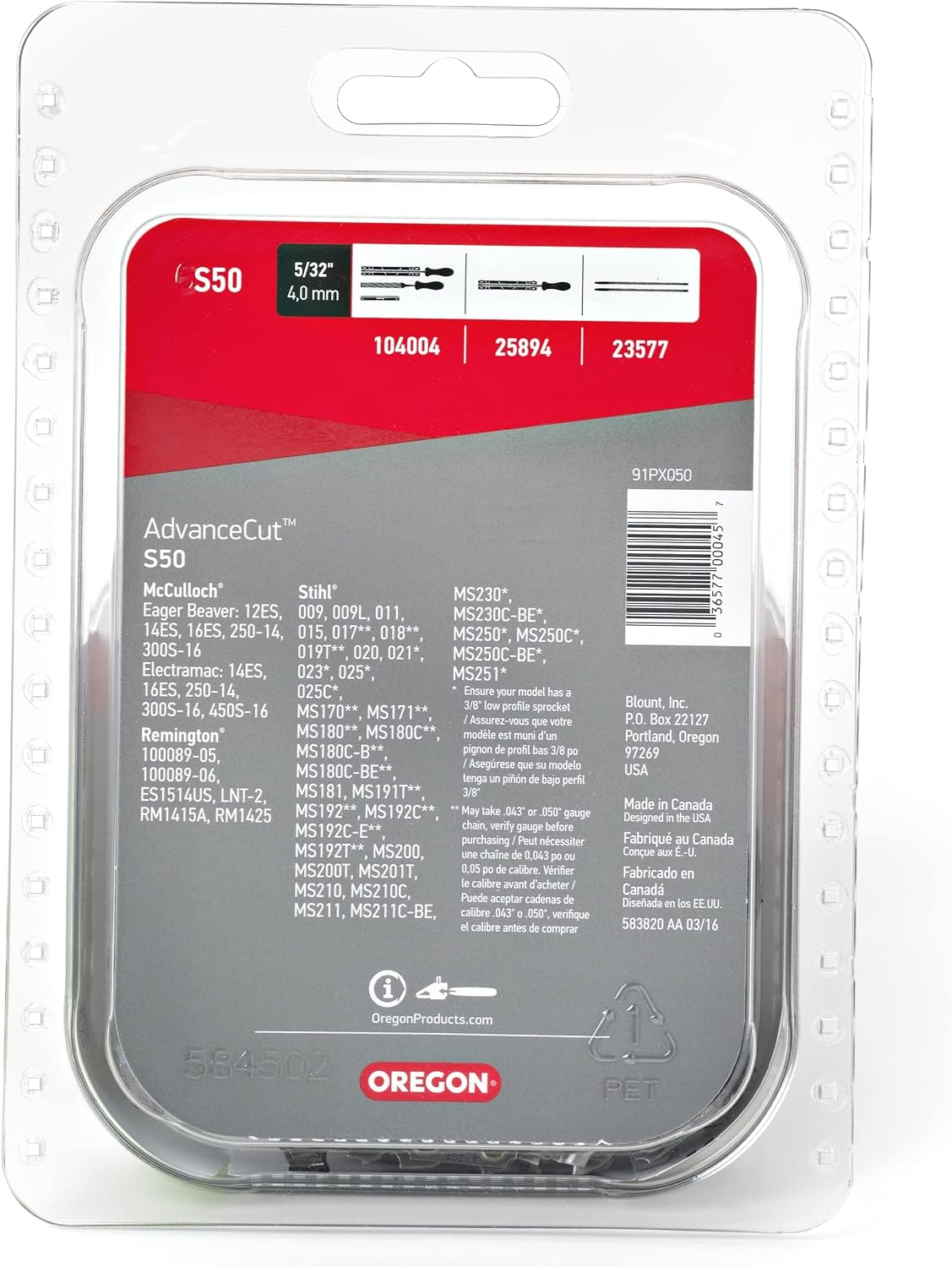 Oregon S50 AdvanceCut Replacement Chainsaw Chain for 14-Inch Guide Bar, 50 Drive Links, Pitch: 3/8" Low Profile, Low Vibration, .050" Gauge
