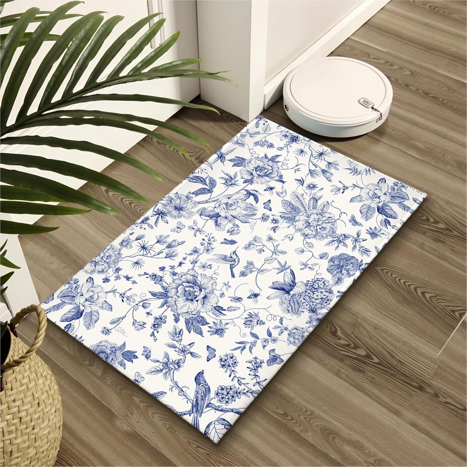 Chinoiserie Flower Bath Rug Blue Leaves Bathroom Mat 20"x32" Soft Plush Absorbent Rug Non Slip Doormat for Entryway Living Room Toilet Tub